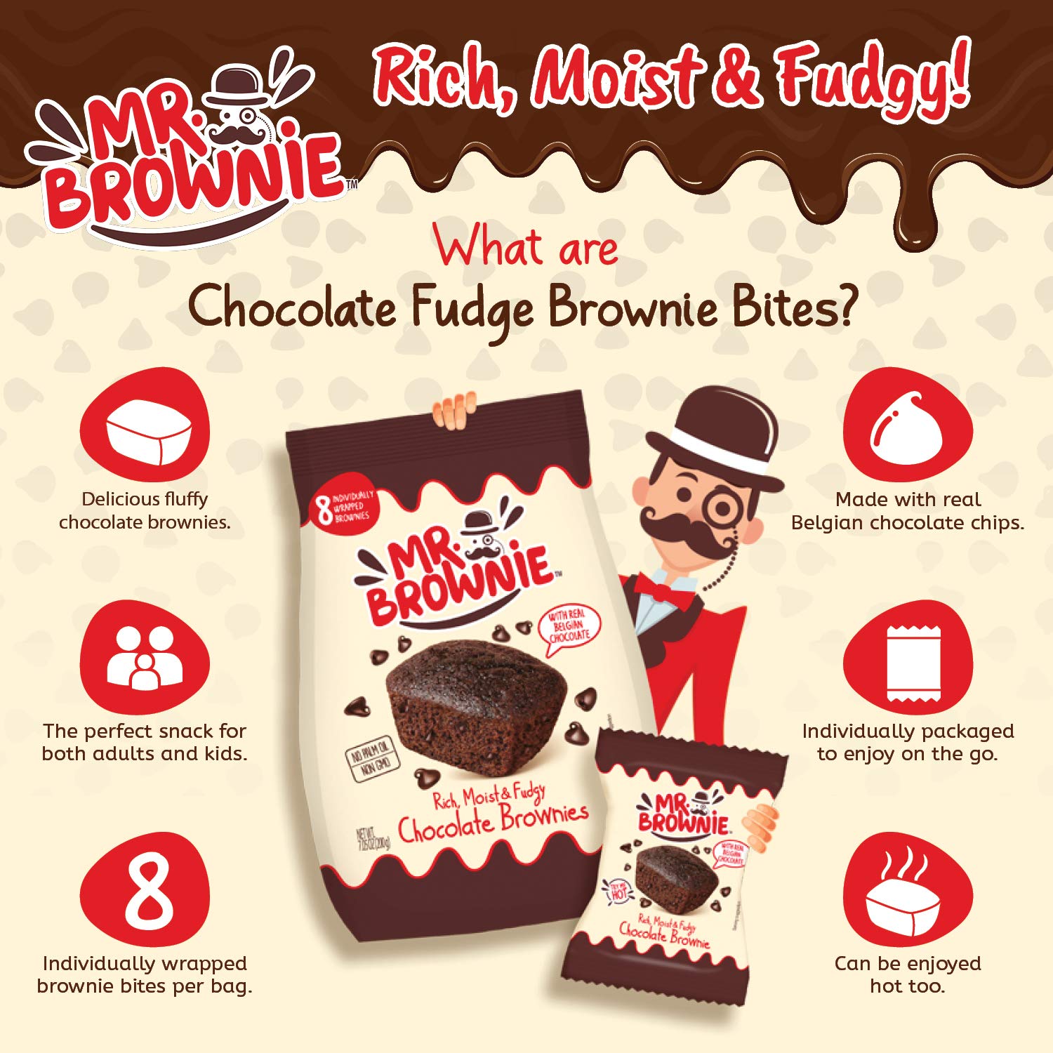 Mr. Brownie Chocolate Brownies | 8 Individually Wrapped Brownie Bites | Snack Packs for Kids & Adults | Real Belgian Cho 3