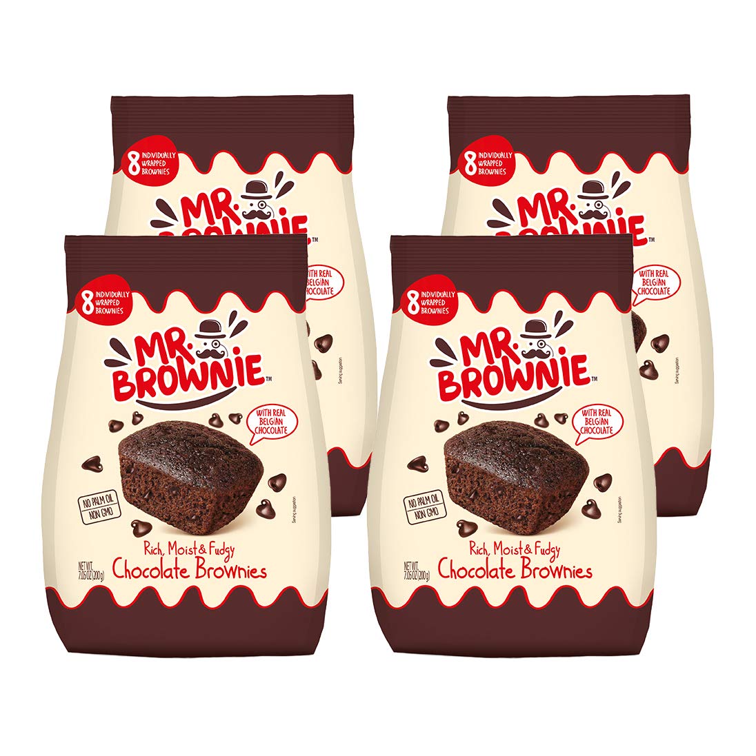Mr. Brownie Chocolate Brownies - 4 Bags x 8 Individually Wrapped Fudge Brownie Bites with Real Belgian Chocolate Bits