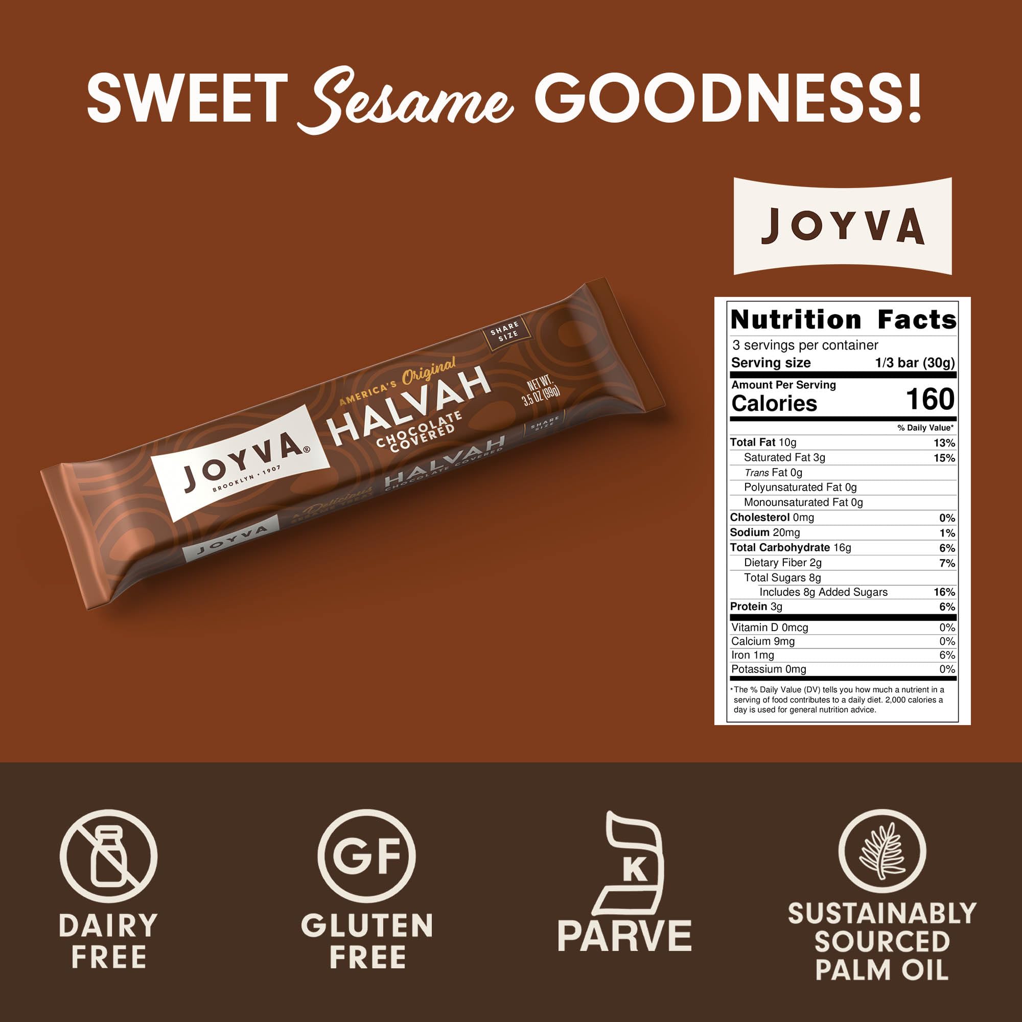 Joyva Halvah Chocolate Covered, 3.5oz Pack of 20 | A Delicious Sesame Treat | Dairy Free, Gluten-Free & Kosher Parve | 5