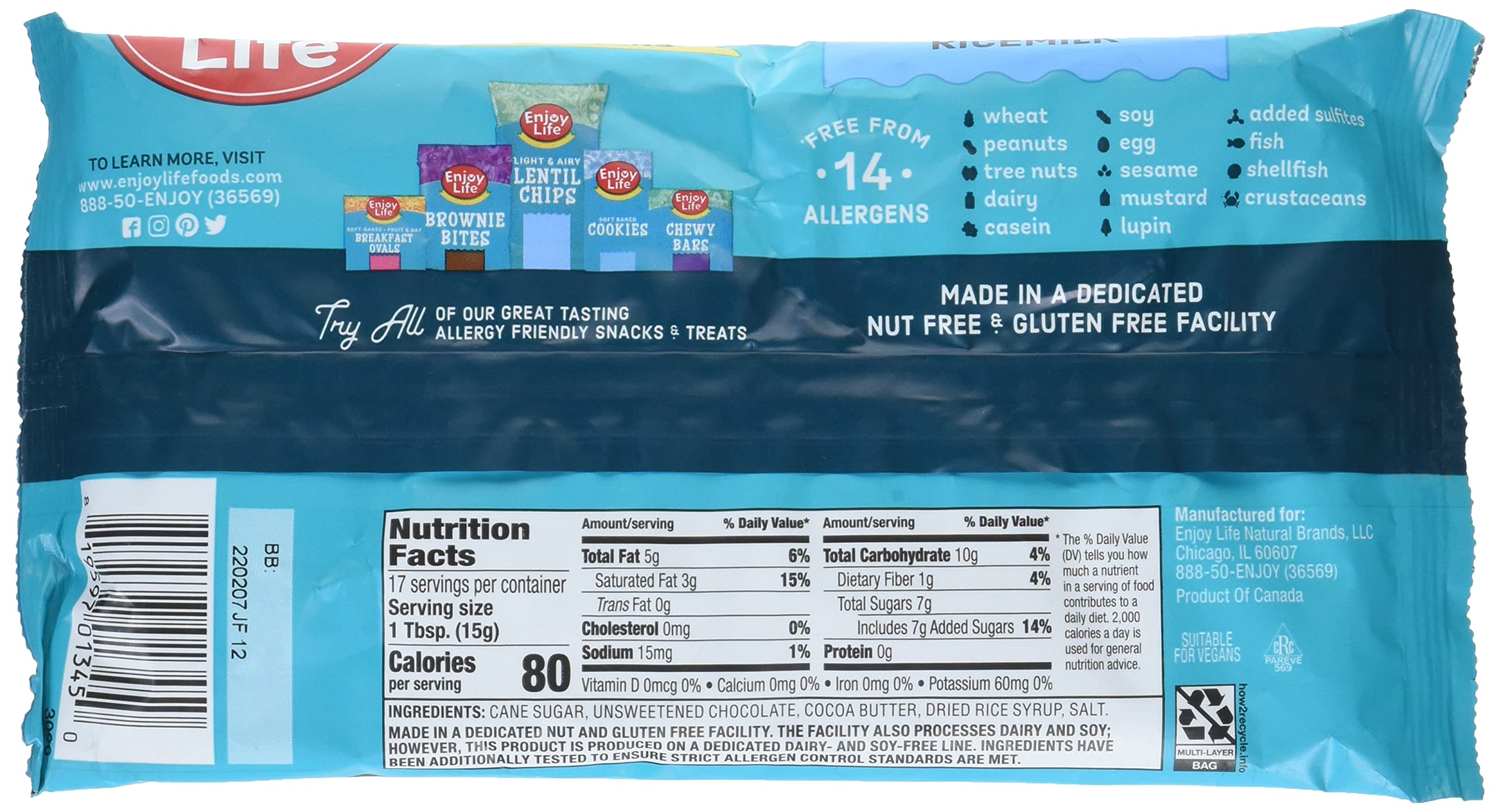 Enjoy Life Foods Ricemilk Baking Morsels Milk Chocolate Flavor, Gluten Free, School Safe, Non GMO, Dairy Free, Soy Free, 3