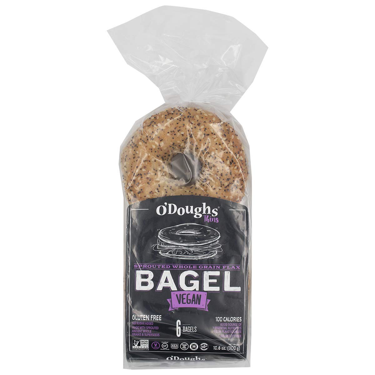 O'Doughs Thins - Sprouted Whole Grain Flax Bagels 10.6oz | Presliced | Good Source of Fibre, Cholesterol Free, Trans Fat Free. | Pack of 6 | 2