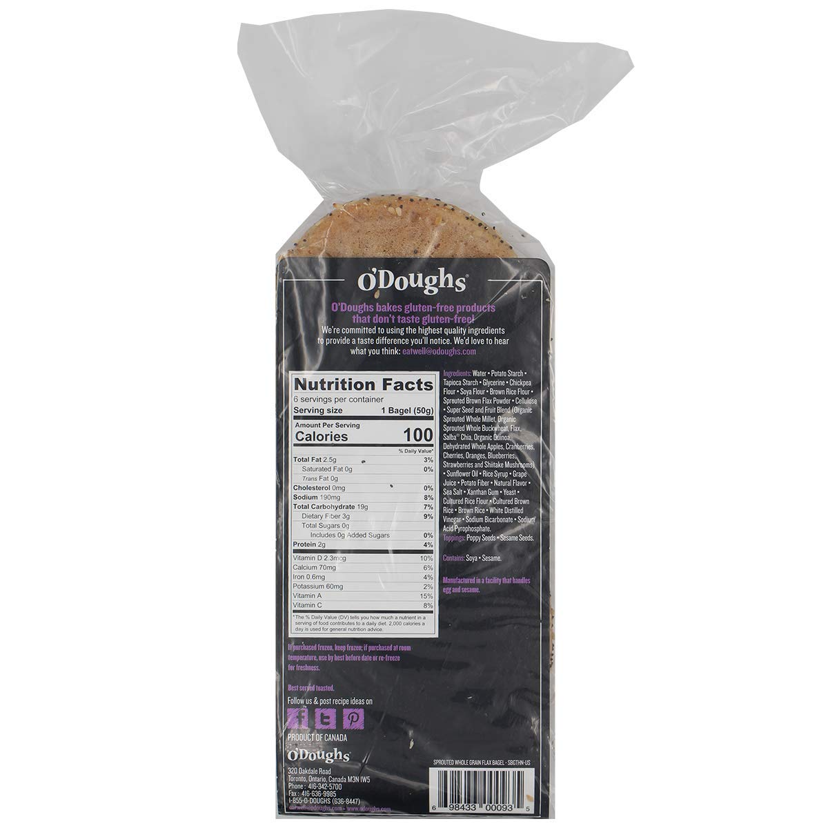 O'Doughs Thins - Sprouted Whole Grain Flax Bagels 10.6oz | Presliced | Good Source of Fibre, Cholesterol Free, Trans Fat Free. | Pack of 6 | 3