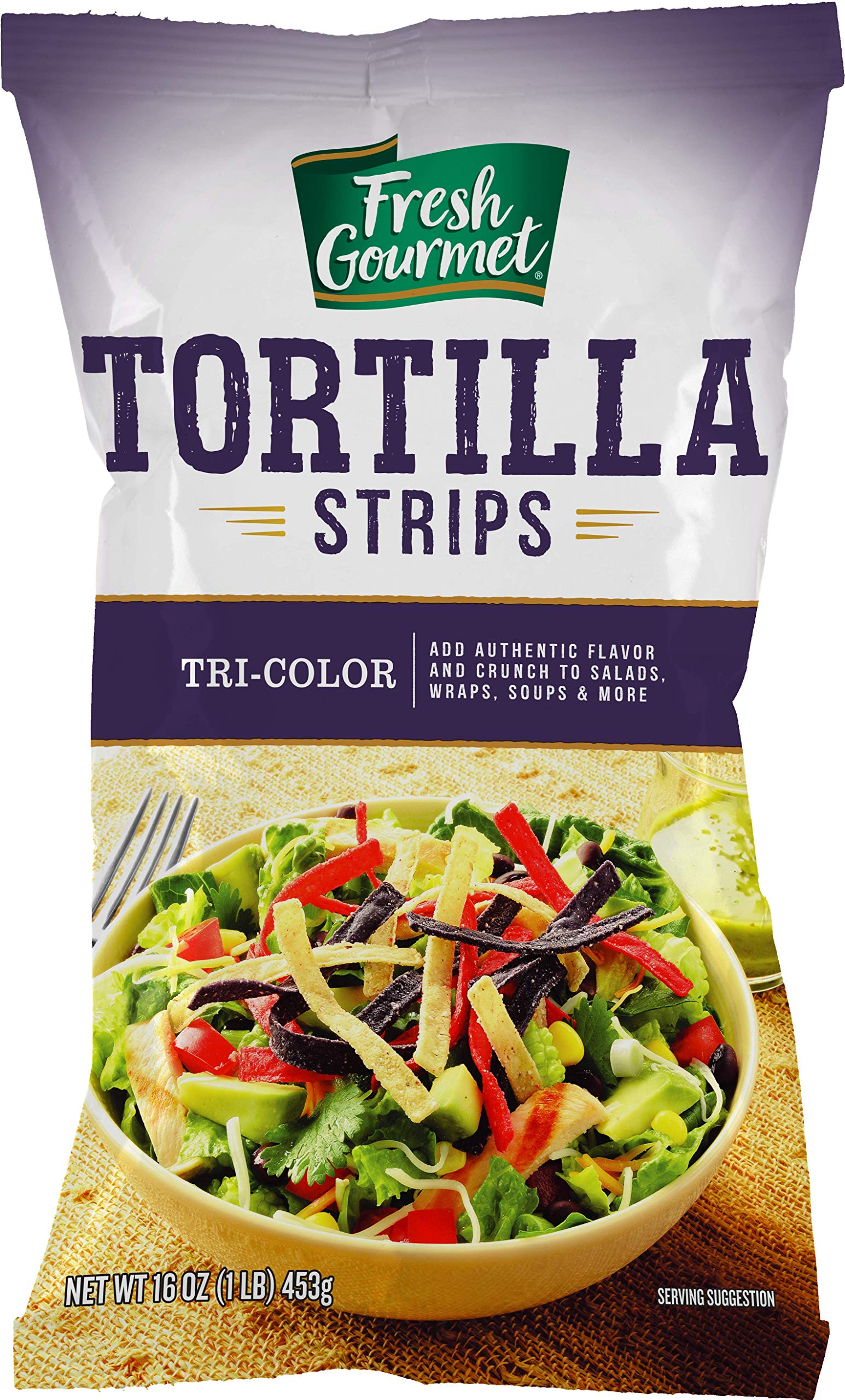 Fresh Gourmet Tri | Color Tortilla Strips | 1 Pound | Low Carb | Crunchy Snack and Salad Topper 2