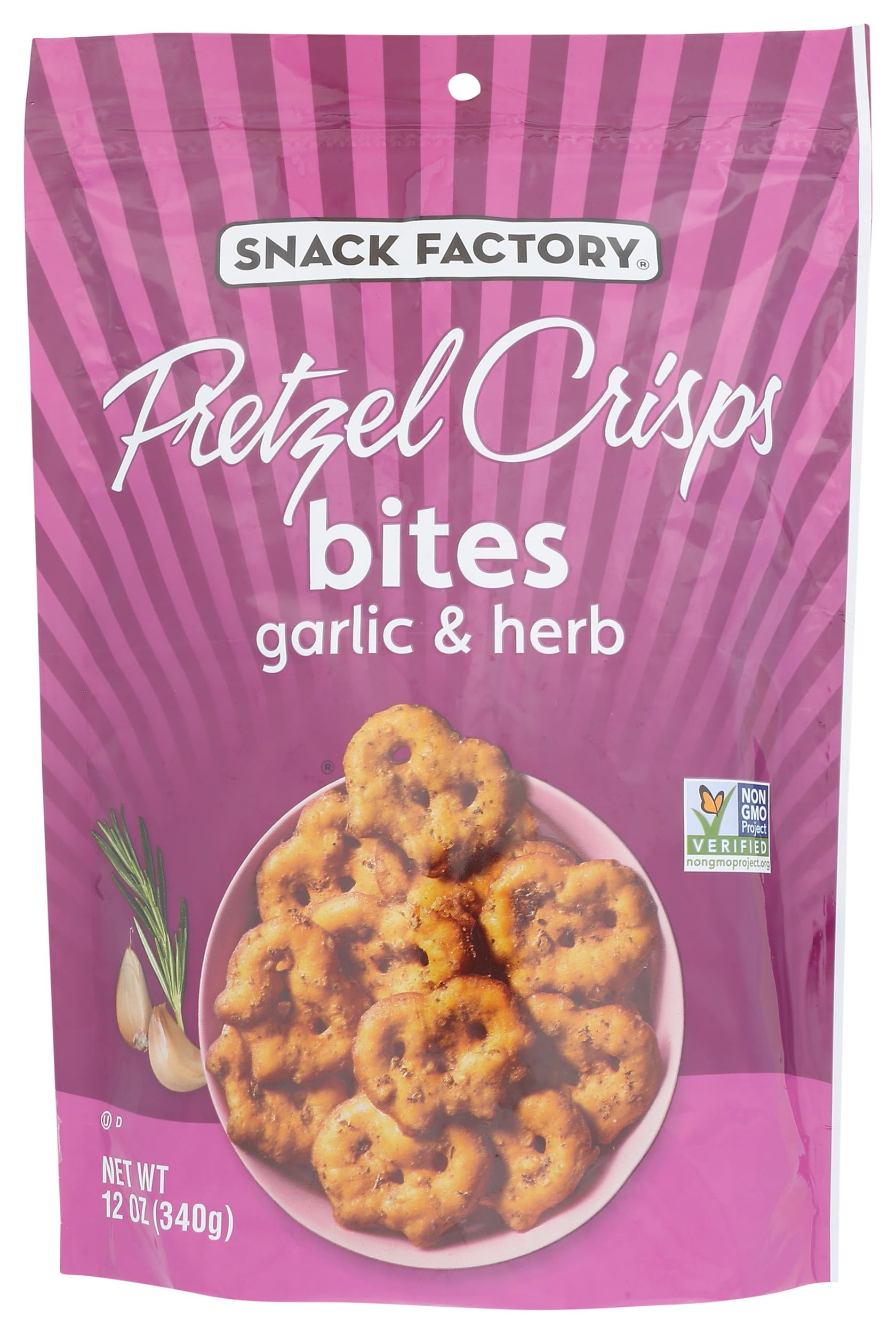 Snack Factory Pretzel Crisps Bites, Garlic & Herb, Baked, No Artificial Colors, Kosher, Non-GMO, 12 Ounce (Pack of 12)