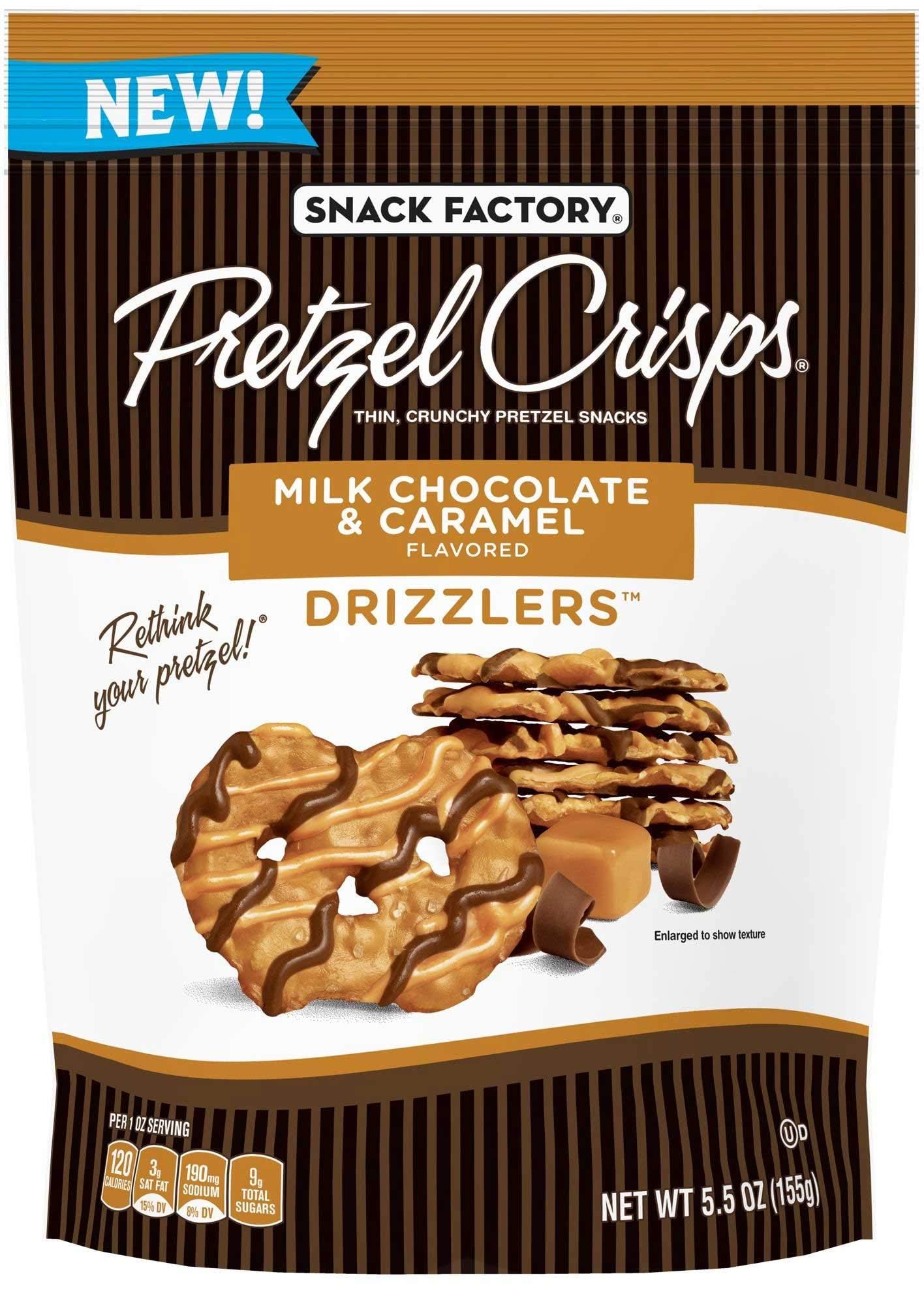 Snack Factory Pretzel Crisps Drizzlers Milk Chocolate Caramel Pretzel Snacks, 5.5 Ounce -- 12 per case.