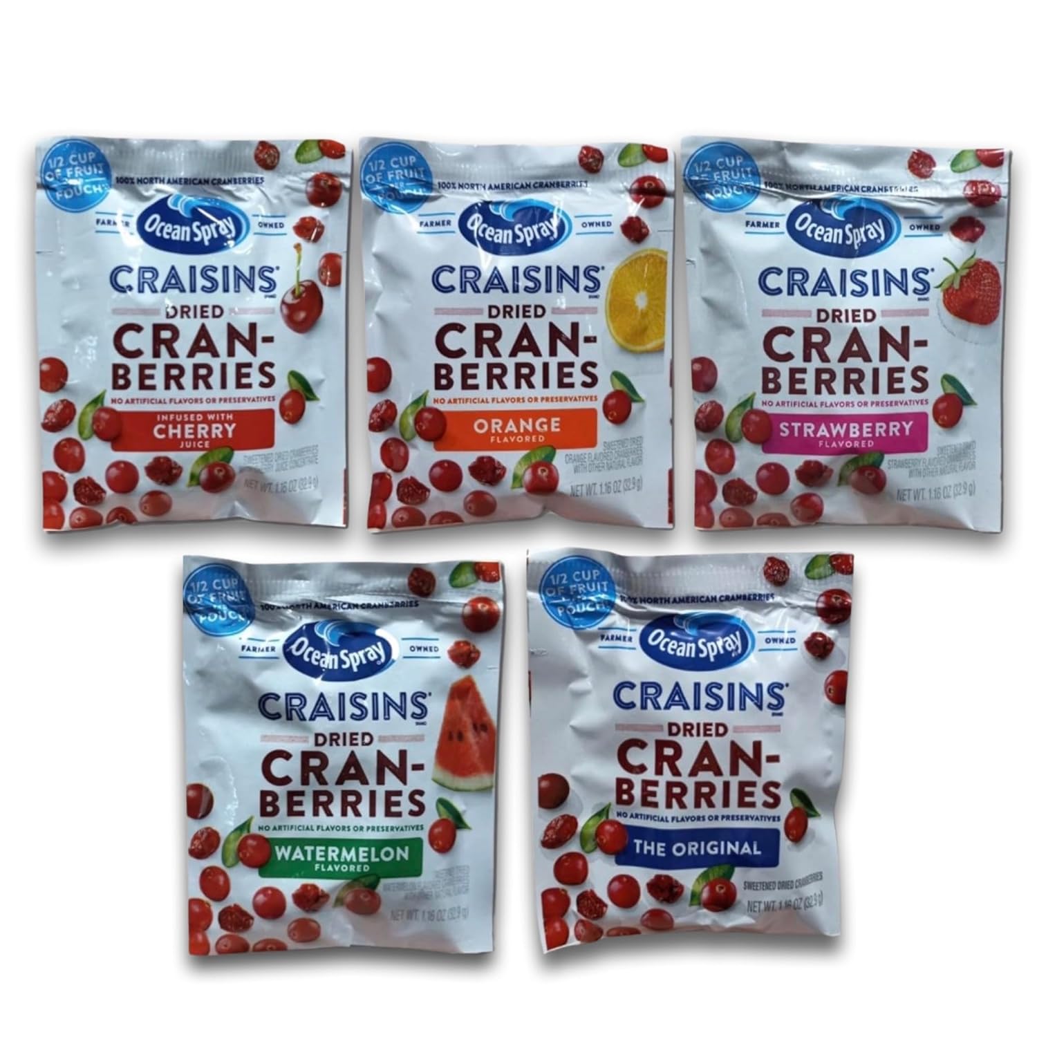 Dried Cranberries Single Serve Packets Variety Pack   5 Unique Flavors: Original , Cherry , Strawberry , Orange , Watermelon | 1.16 Oz | Pack of 30