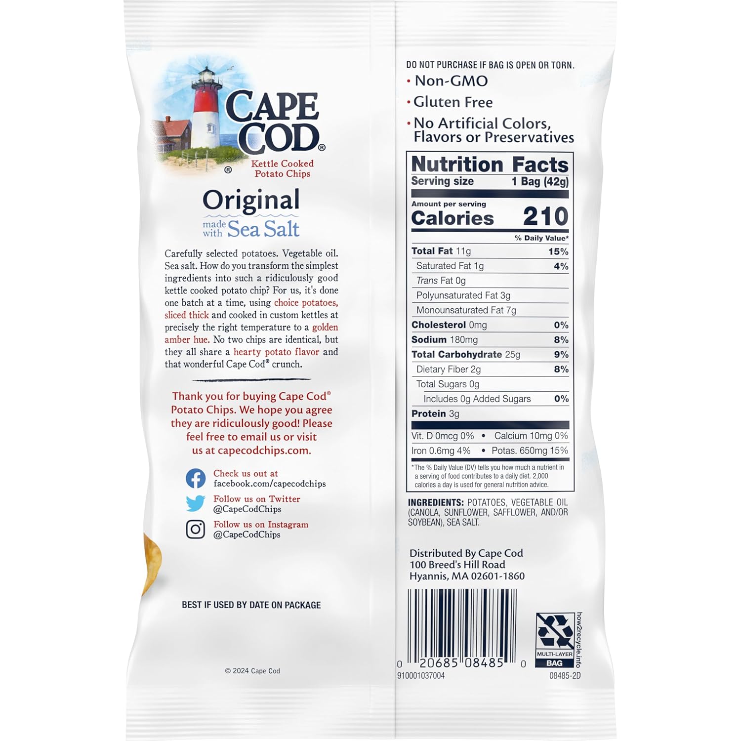 Cape Cod Potato Chips, Original Kettle Cooked Chips, Snack Bags 1.5 Oz (56 count) 2