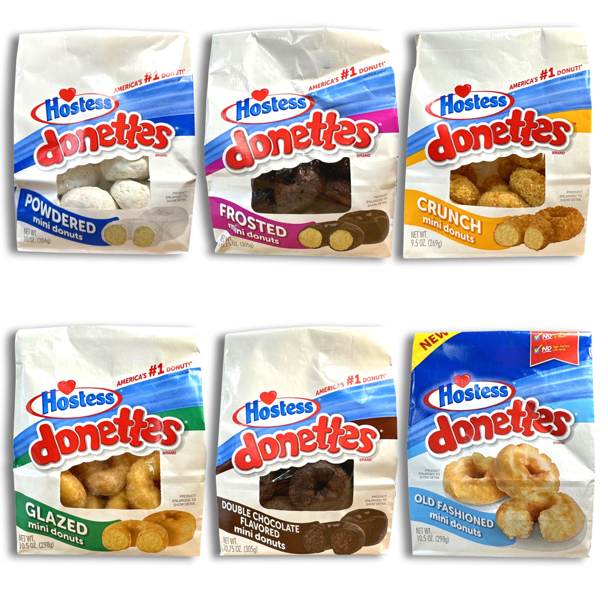 Hostess Donettes Variety Pack | Big Bags 6 Flavors: Frosted, Double Chocolate, Old Fashioned, Glazed, Crunch, and Powdered