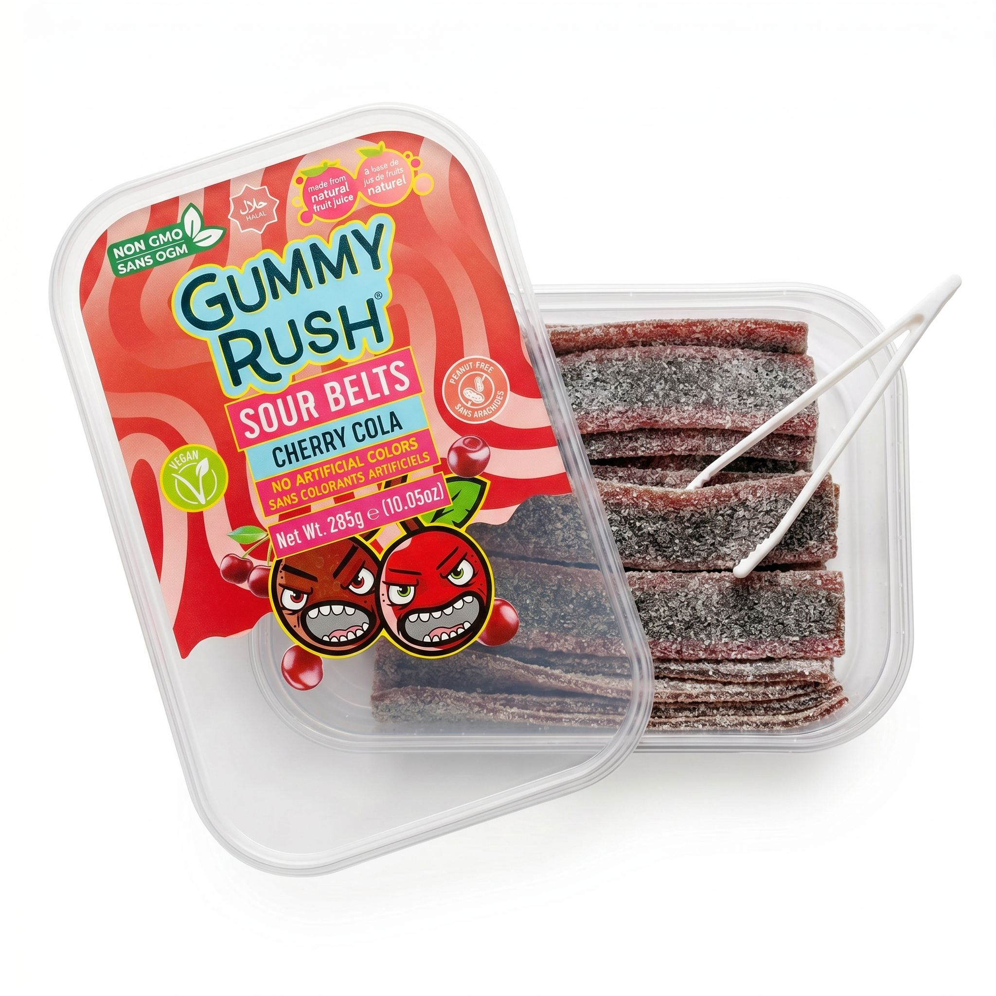 Gummy Rush Sour Belts, 10oz Container, Non GMO, Real Fruit Juice, No Artificial