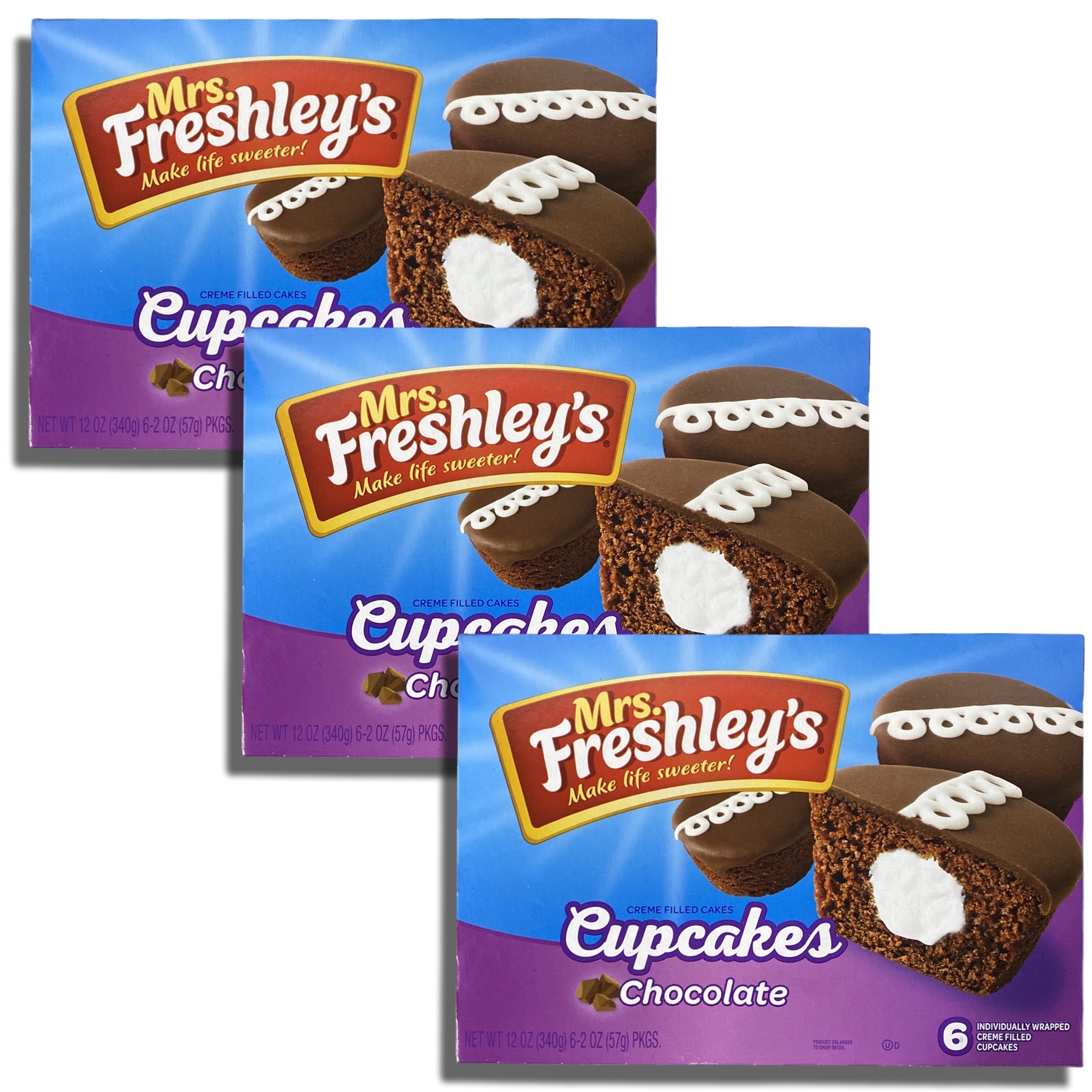 Chocolate Cream-Filled Iced Cupcakes by Mrs. Freshley's   Box of 6 | Value Pack of 3 (18 Cupcakes Total)