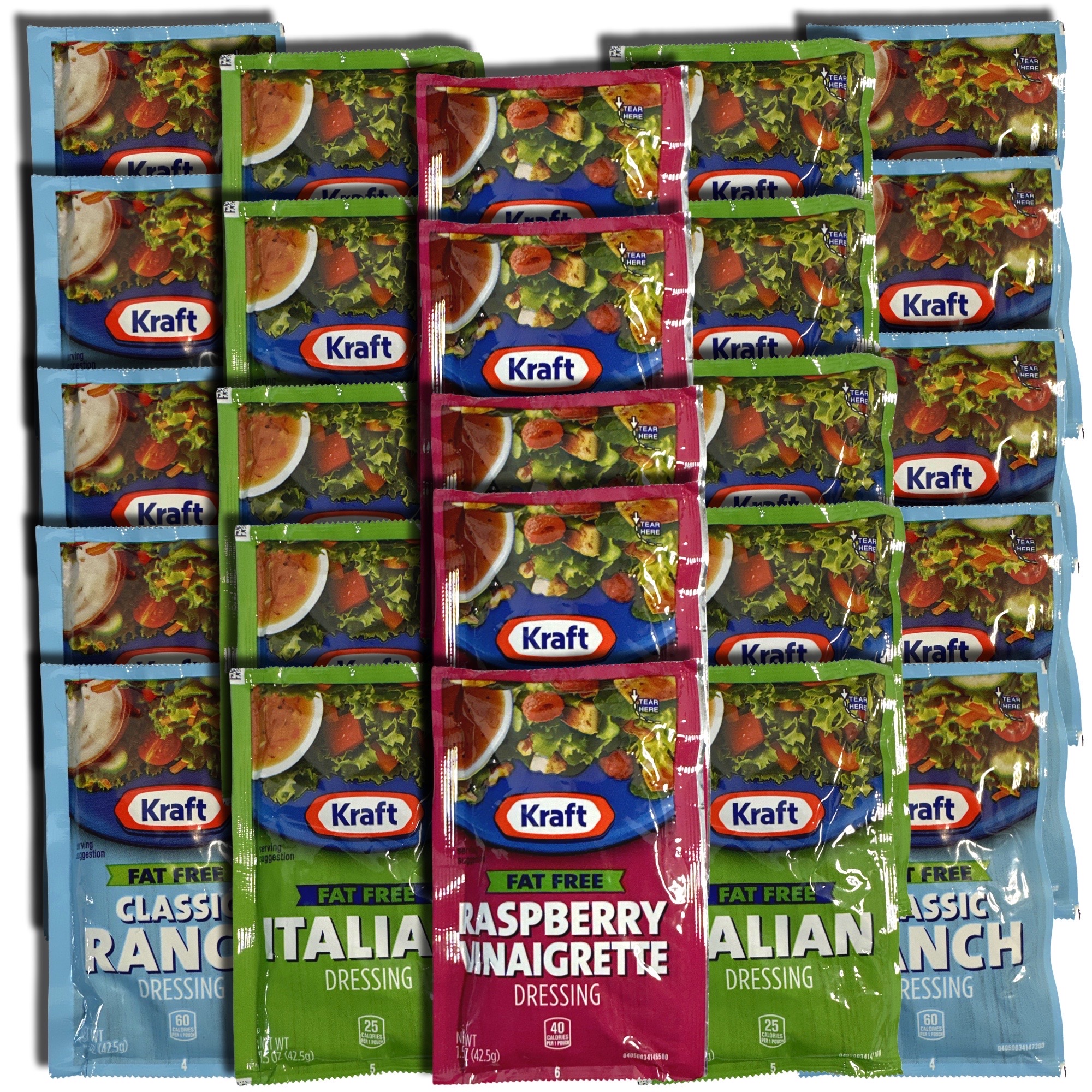 Kraft Fat Free Salad Dressing Packets Variety Includes Ranch, Italian and Raspberry Vinaigrette, 25 Packs