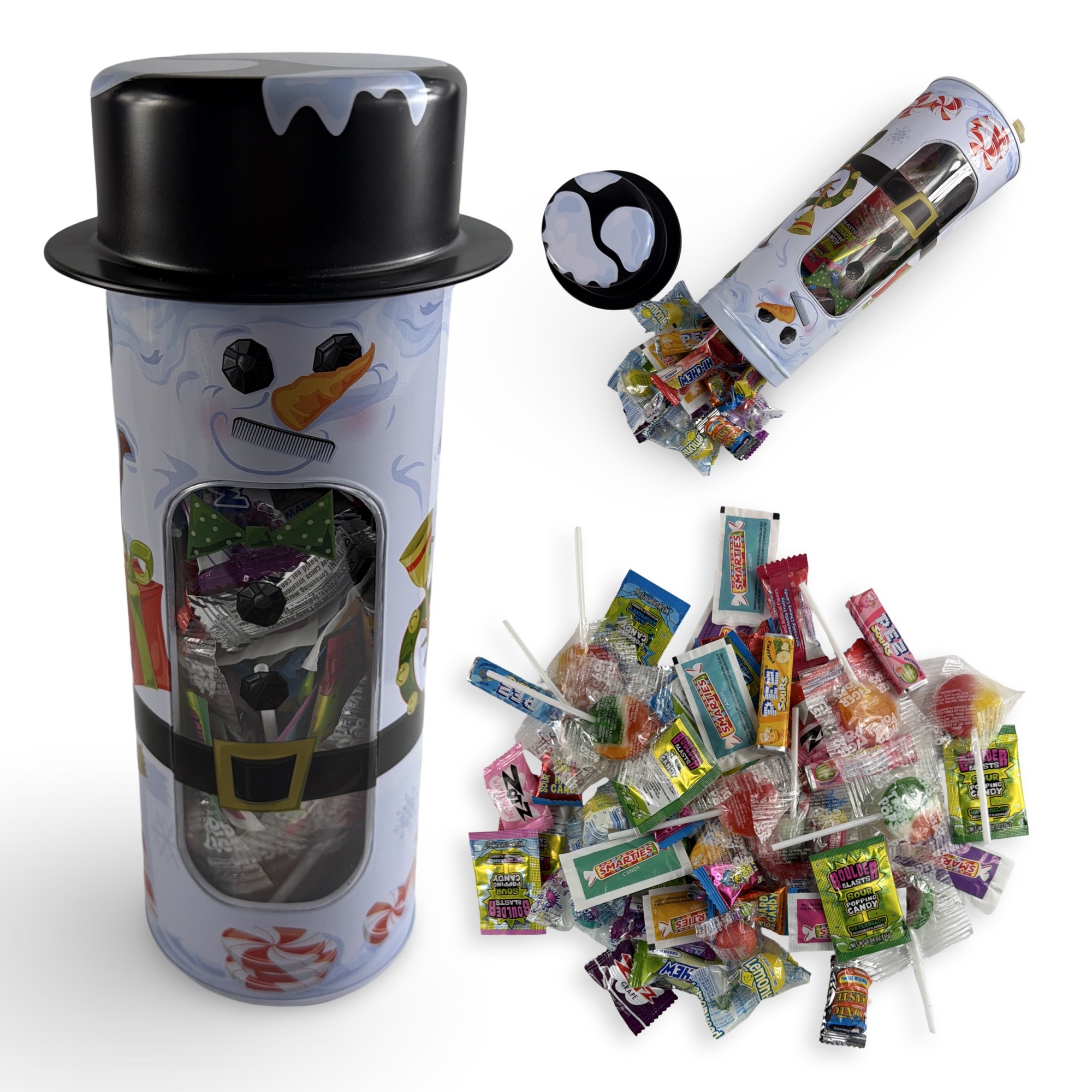 Holiday Candy Gift Tin Snowman with Removable Hat | 12 oz Assorted Fruity, Sour & Sweet Candy | Festive Collectible Tin