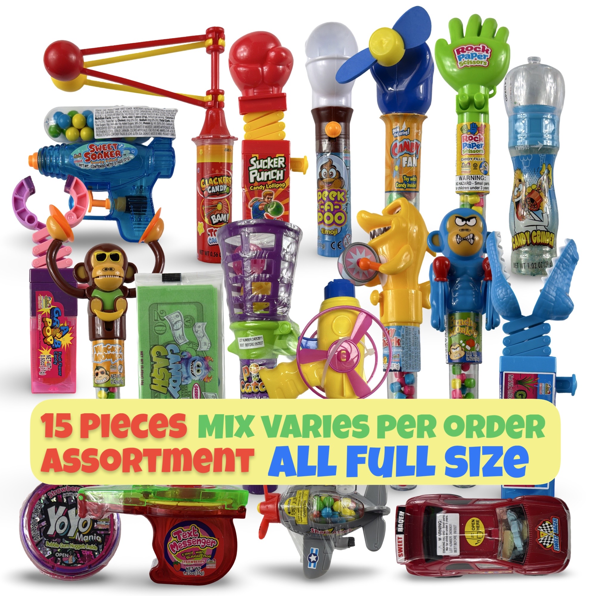 Fun Candy With Built-In Toys Box | 15 Retail-Size Functional Toy Candy Items | Box Varies | Includes Grinders, Cars, Fans, Clackers & More 2