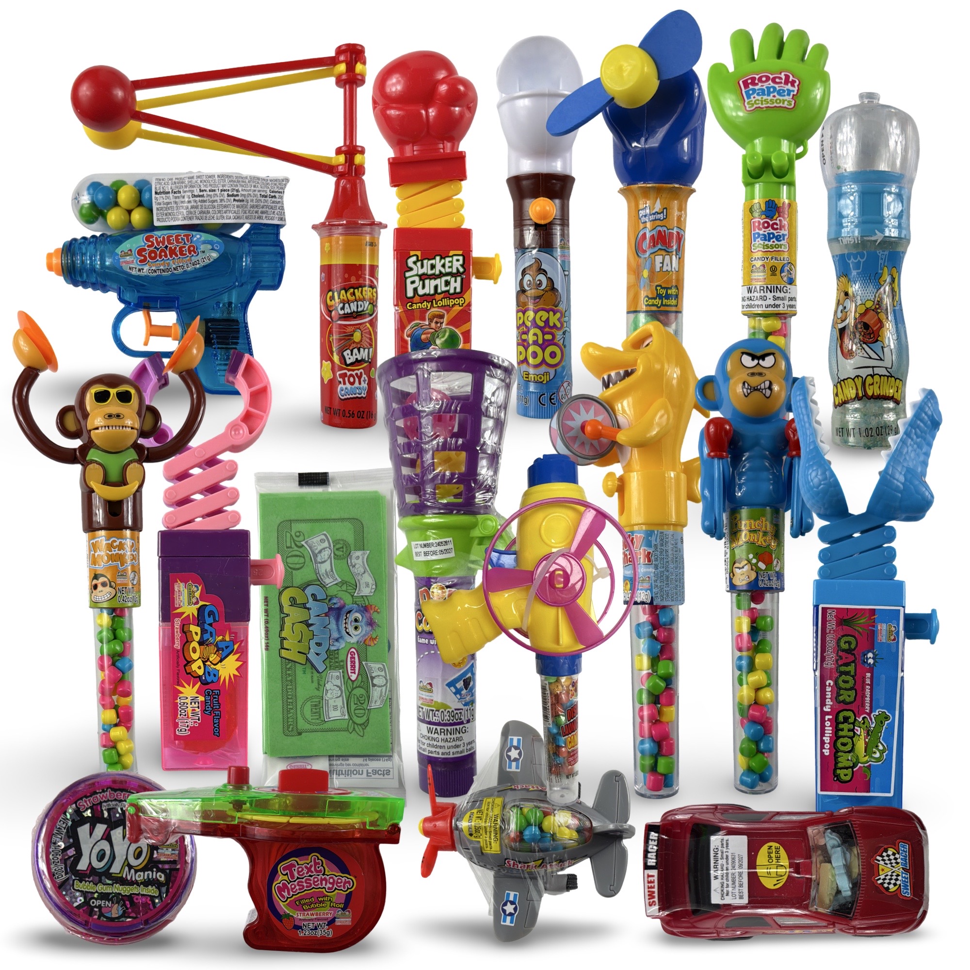 Fun Candy With Built-In Toys Box | 15 Retail-Size Functional Toy Candy Items | Box Varies | Includes Grinders, Cars, Fans, Clackers & More