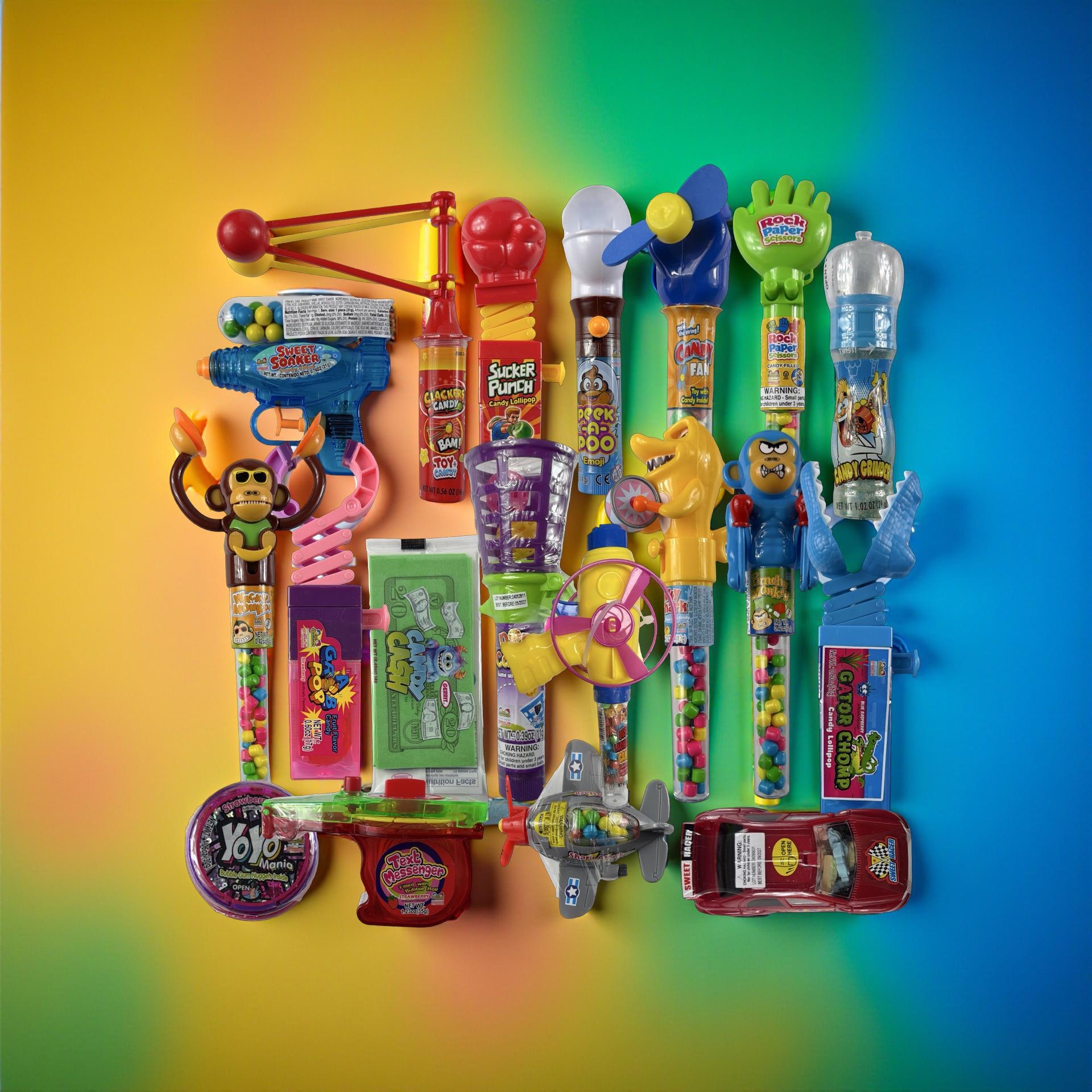 Fun Candy With Built-In Toys Box | 15 Retail-Size Functional Toy Candy Items | Box Varies | Includes Grinders, Cars, Fans, Clackers & More 3