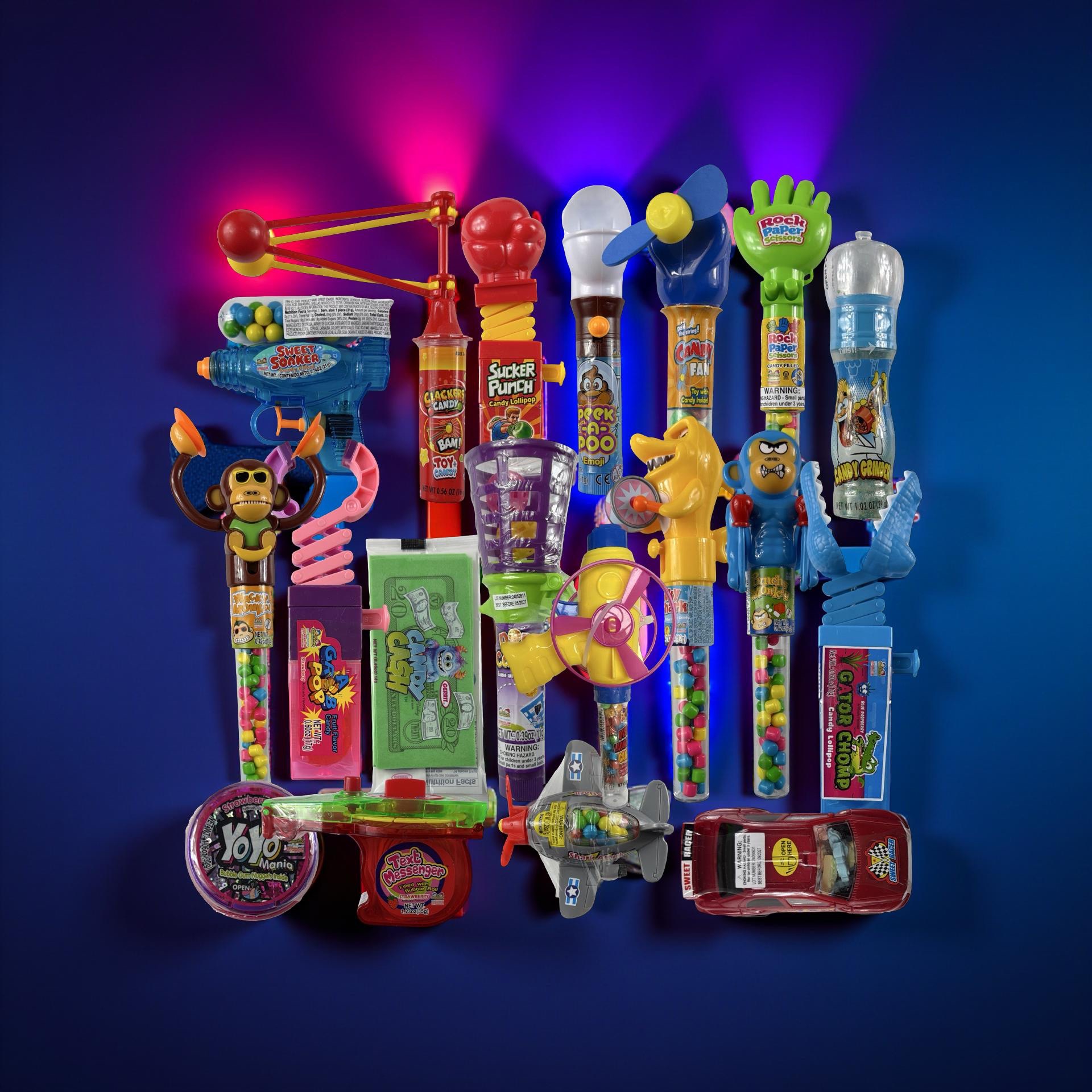 Fun Candy With Built-In Toys Box | 15 Retail-Size Functional Toy Candy Items | Box Varies | Includes Grinders, Cars, Fans, Clackers & More 4