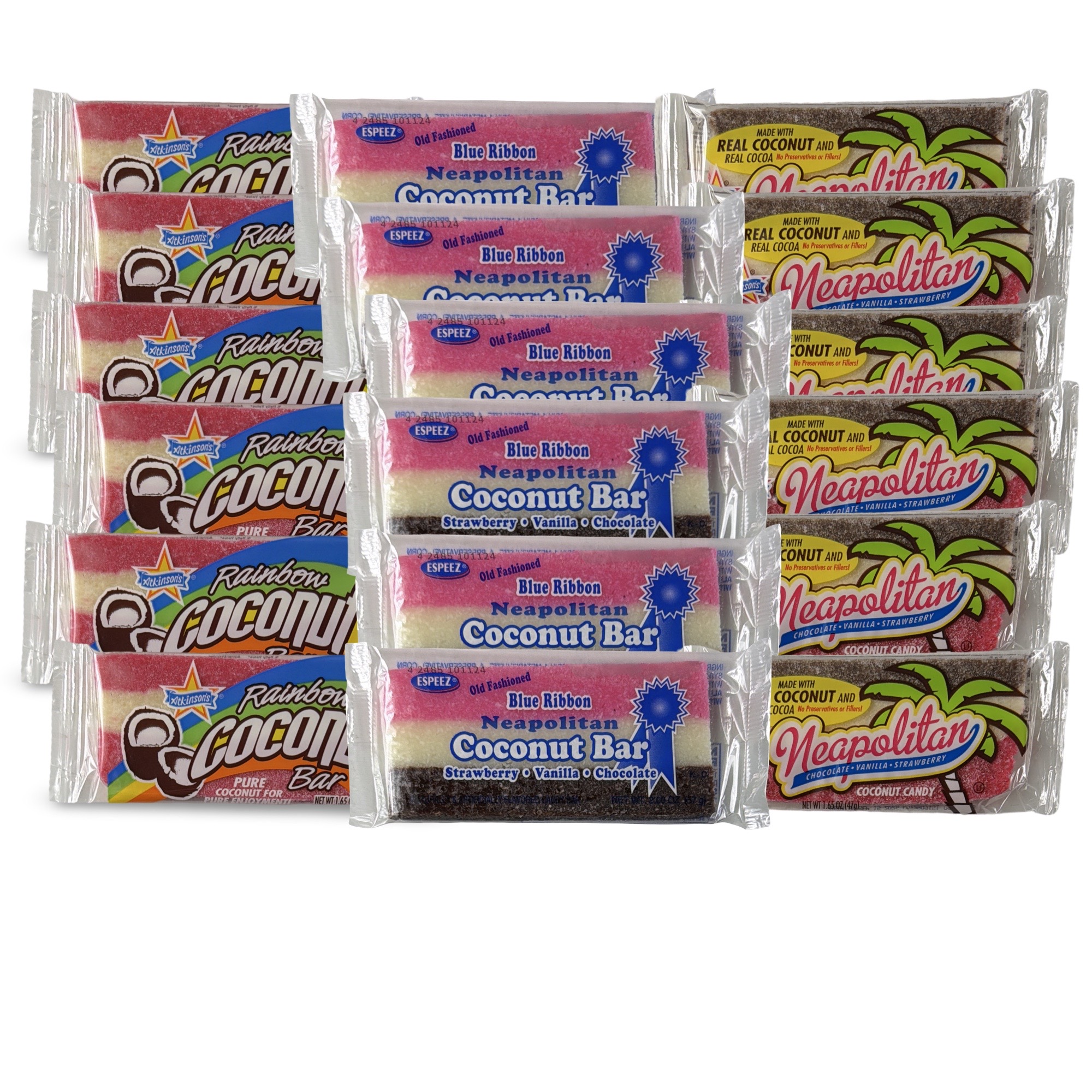 Coconut Bar Variety Pack – 18 Count | Atkinson’s Neapolitan, Espeez Neapolitan & Atkinson’s Rainbow Bars 2