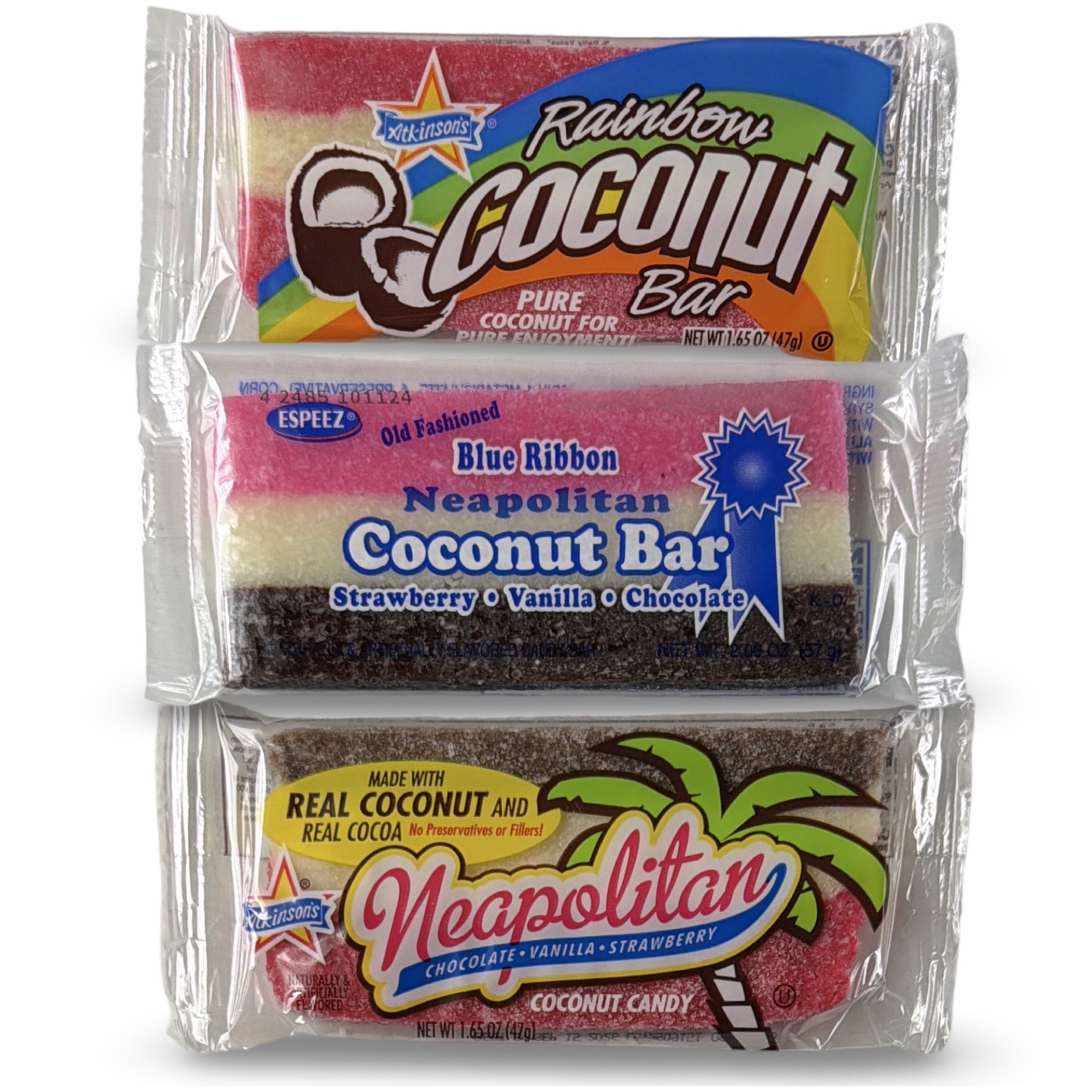 Coconut Bar Variety Pack – 18 Count | Atkinson’s Neapolitan, Espeez Neapolitan & Atkinson’s Rainbow Bars