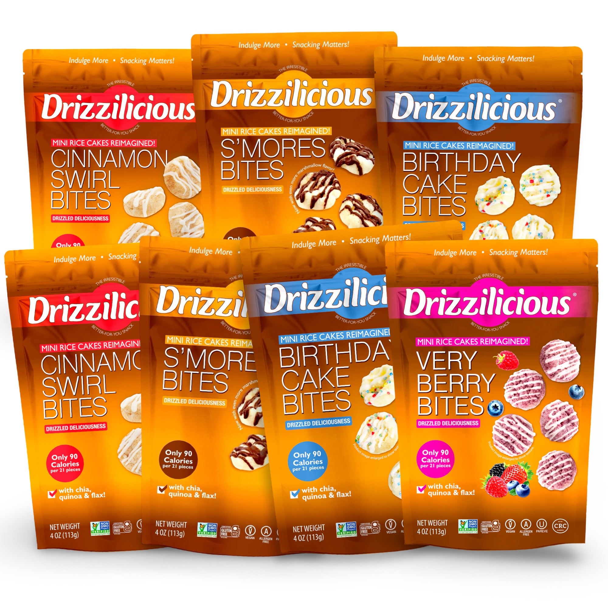 Drizzilicious Mini Rice Cake Bites All-Time Favorites Variety – 7 Bag Assortment | Cinnamon, S’mores, Birthday Cake & Very Berry