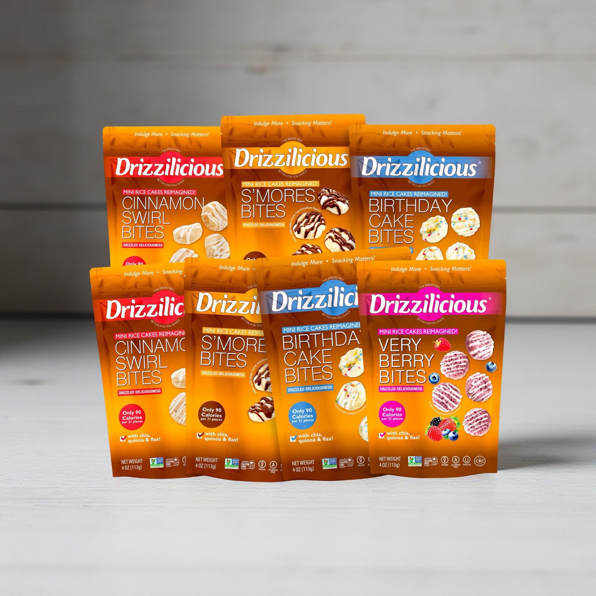 Drizzilicious Mini Rice Cake Bites All-Time Favorites Variety – 7 Bag Assortment | Cinnamon, S’mores, Birthday Cake & Very Berry 3