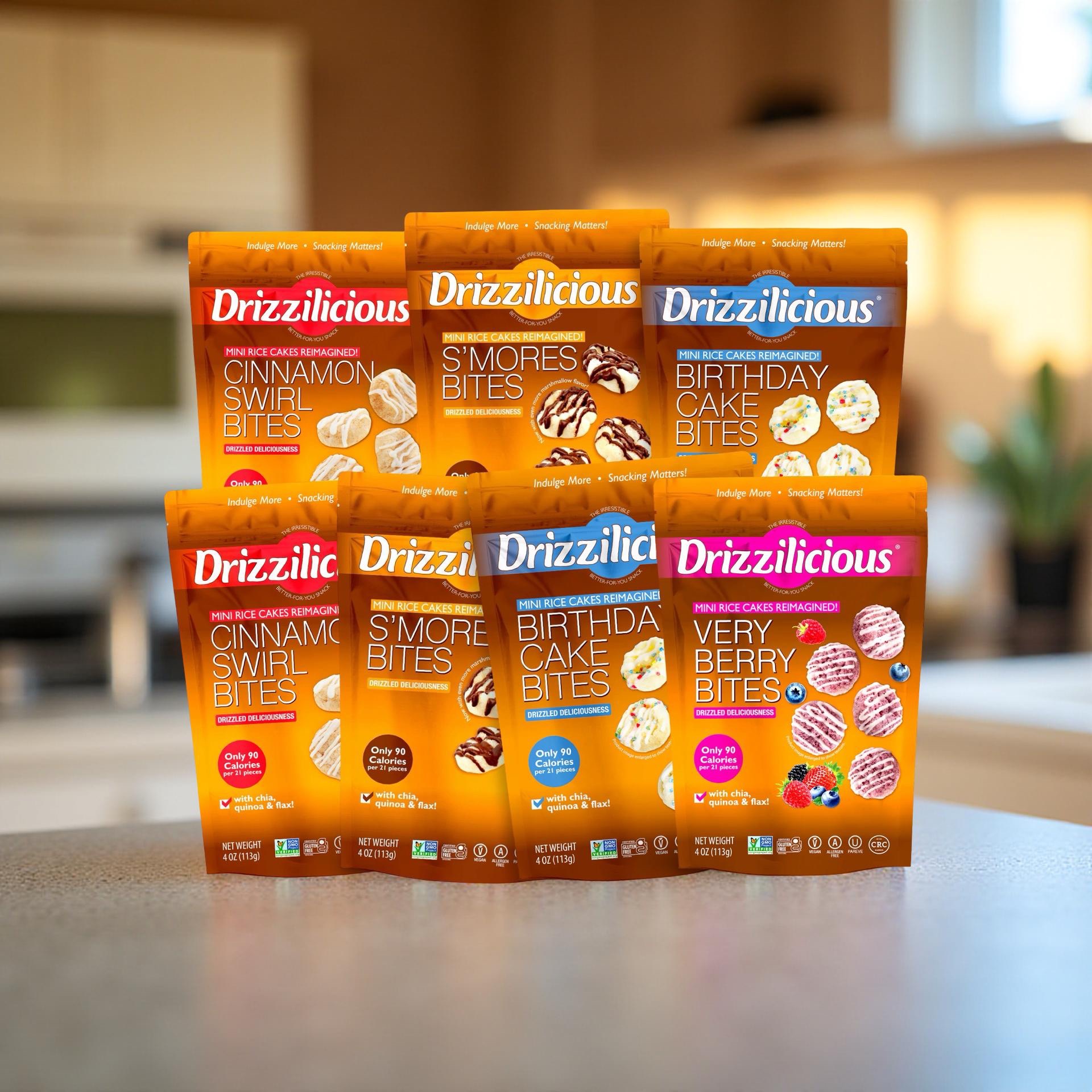 Drizzilicious Mini Rice Cake Bites All-Time Favorites Variety – 7 Bag Assortment | Cinnamon, S’mores, Birthday Cake & Very Berry 4