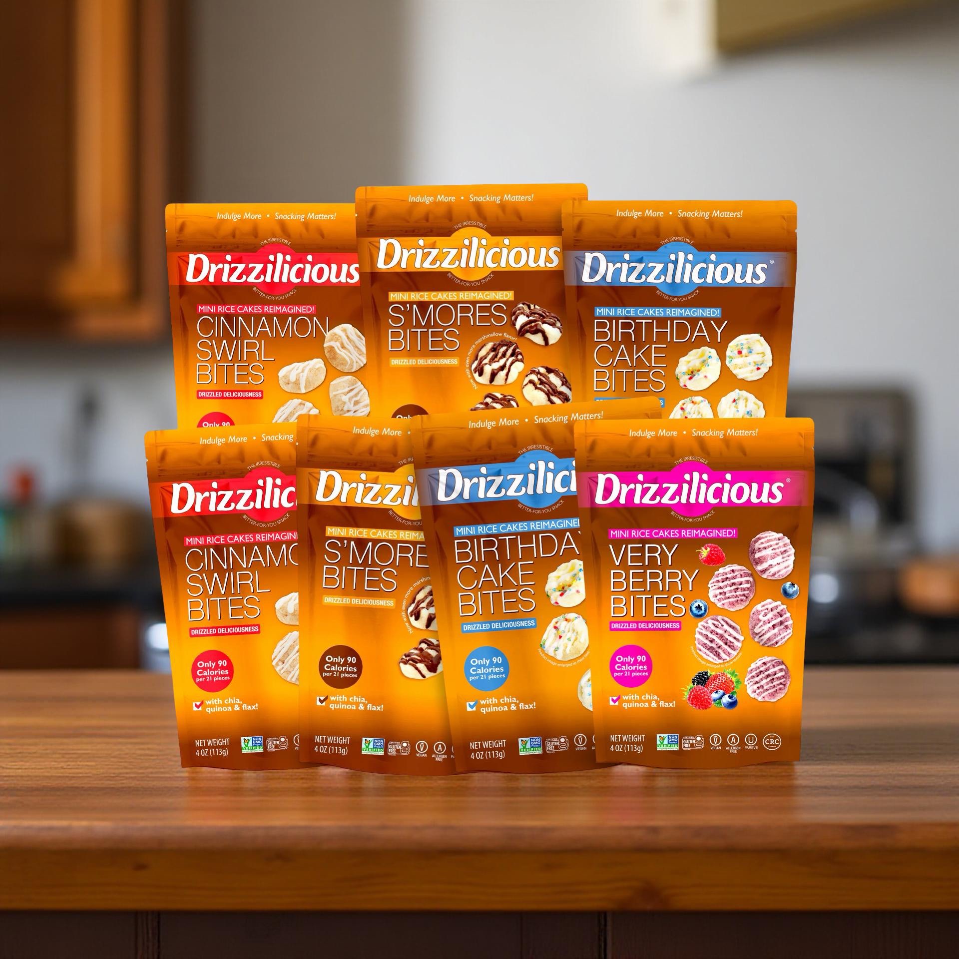 Drizzilicious Mini Rice Cake Bites All-Time Favorites Variety – 7 Bag Assortment | Cinnamon, S’mores, Birthday Cake & Very Berry 5