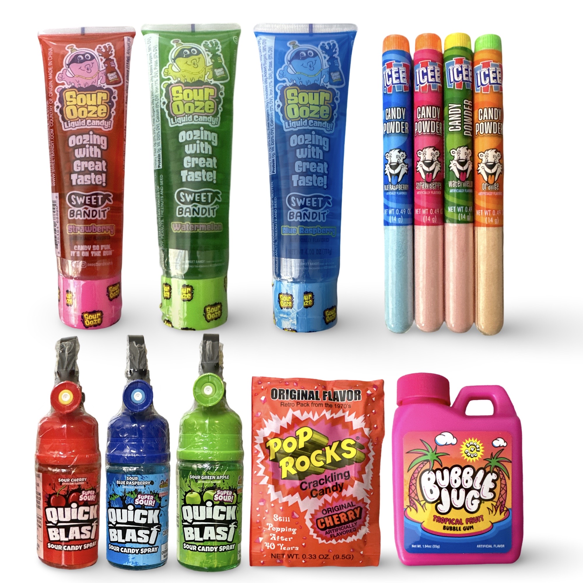Sour Candy Full Size Sampler 8 Pack  | Sour Ooze, Quick Blast, Bubble Jug, Pop Rocks and Icee Candy Powder 8