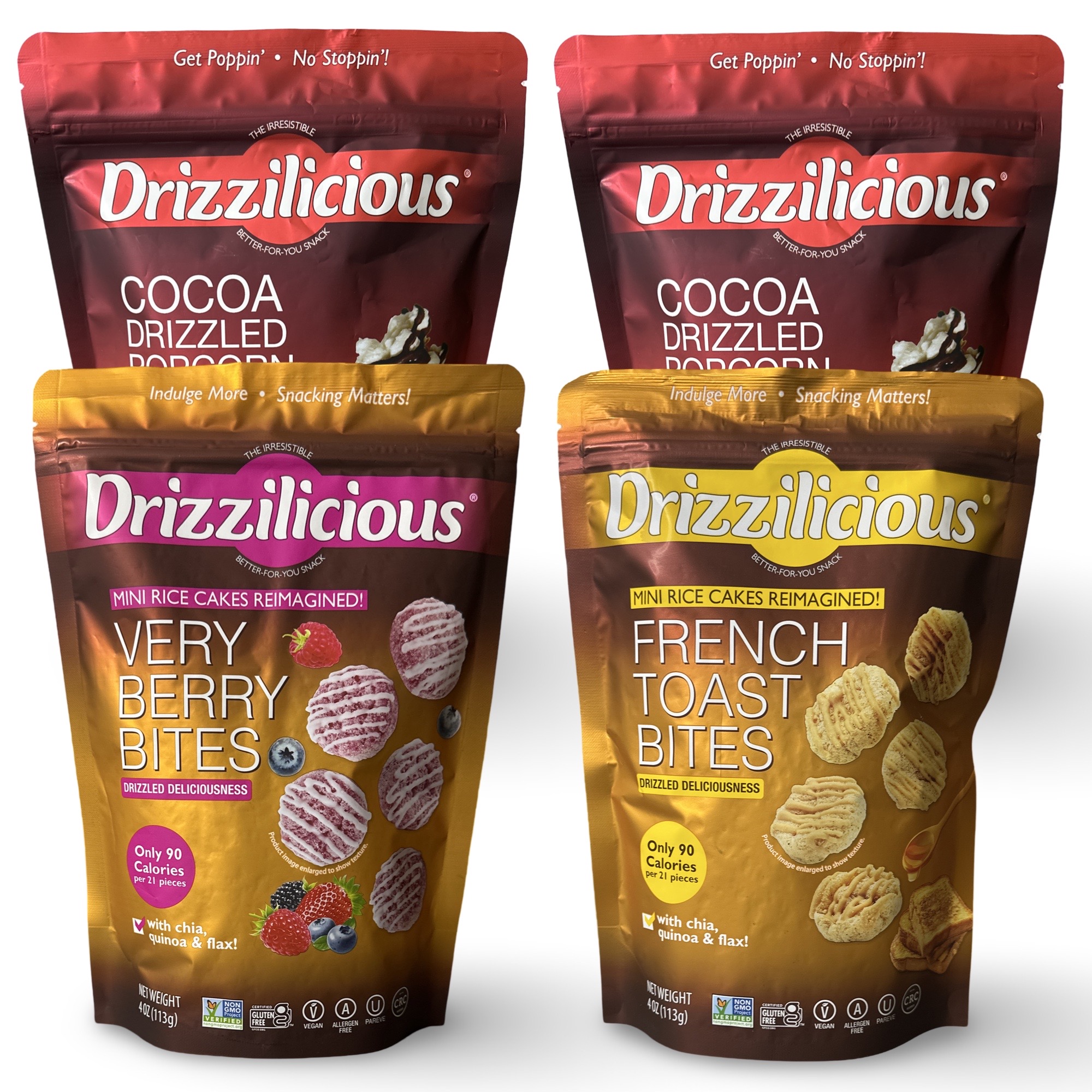 Drizzilicious Mini Rice Cake Bites and Popcorn Variety Pack | Very Berry, French Toast and Drizzled Popcorn, 4 Bags Total