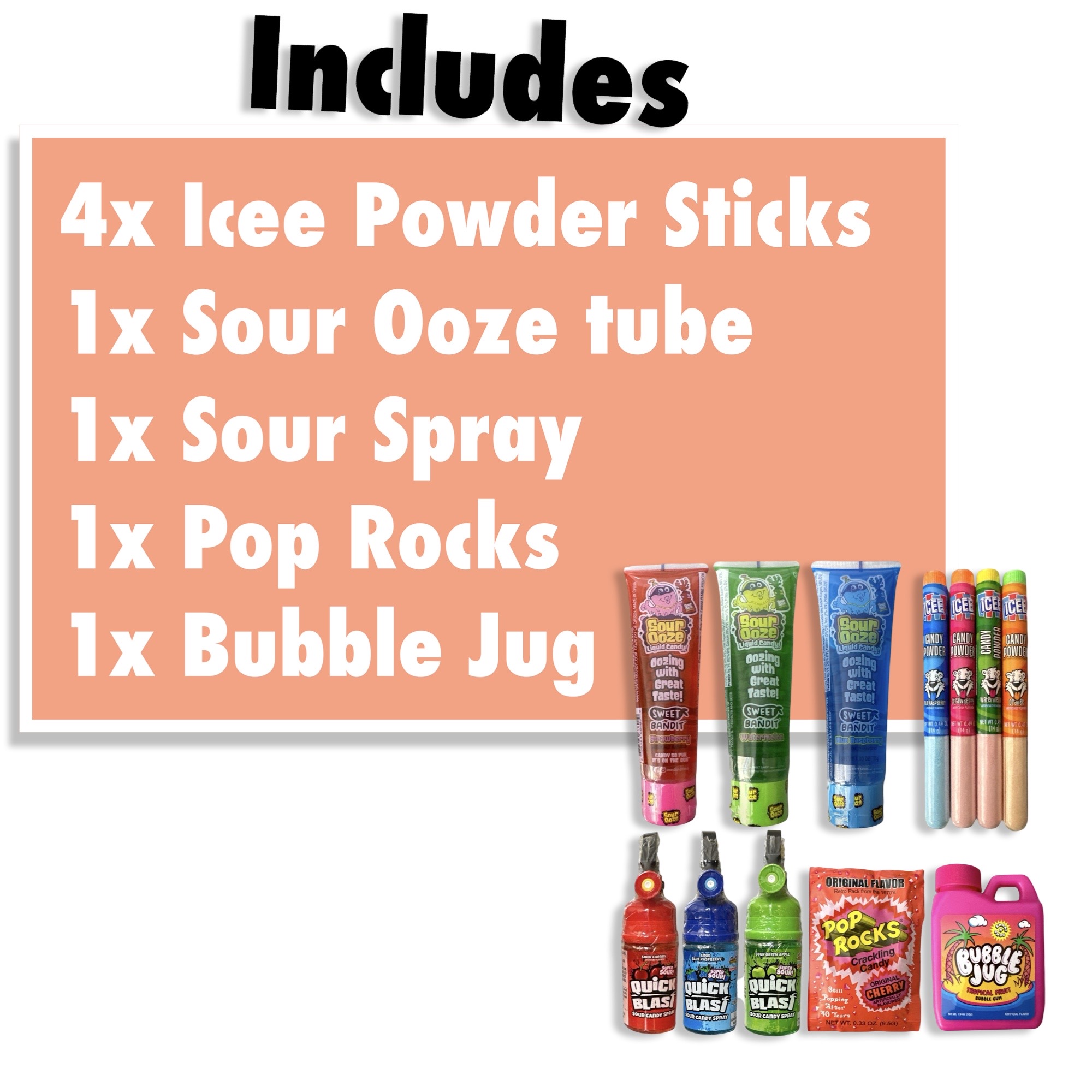 Sour Candy Full Size Sampler 8 Pack  | Sour Ooze, Quick Blast, Bubble Jug, Pop Rocks and Icee Candy Powder 3