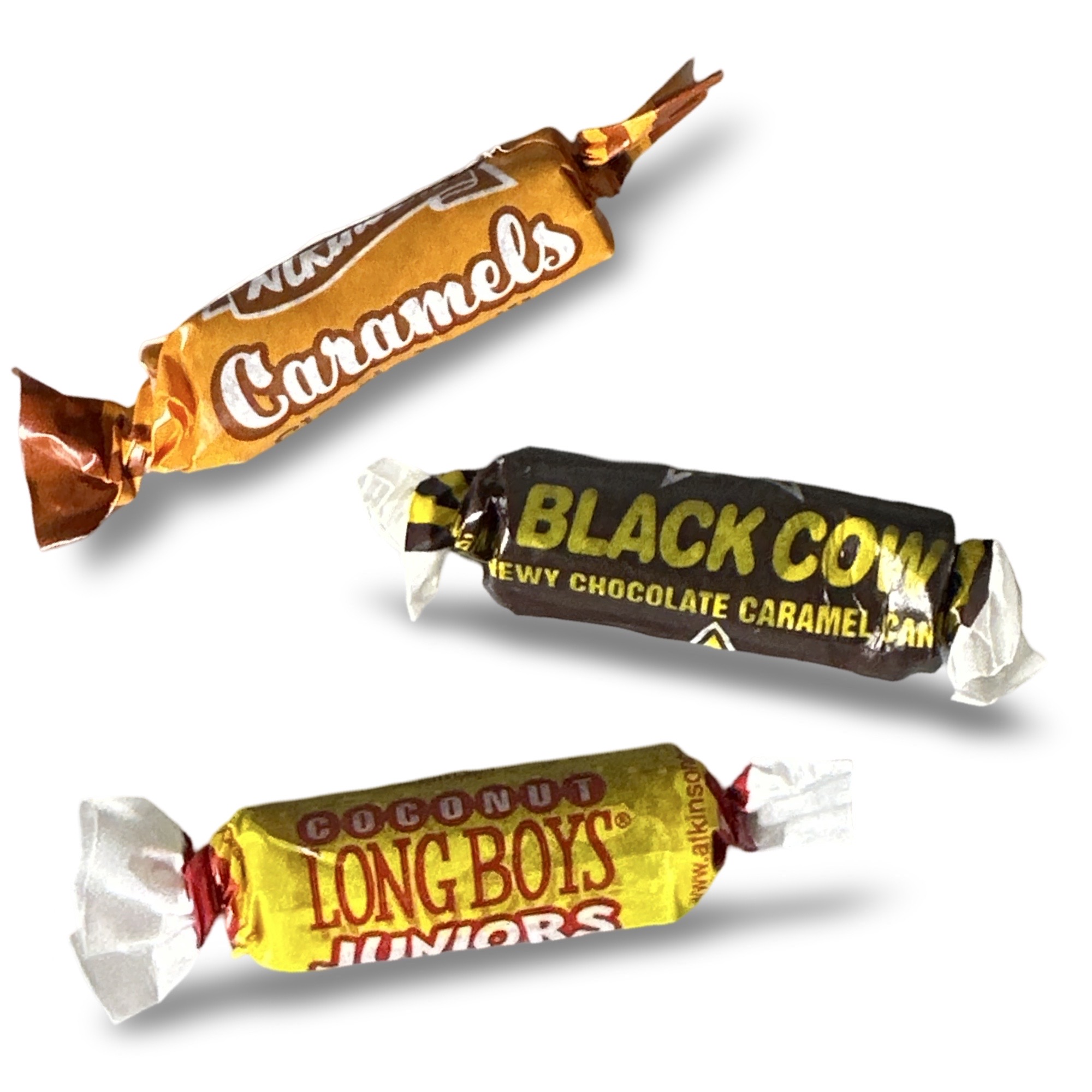 Nostalgic Candy Combo, Long Boys Juniors, Vanilla Caramels, and Black Cows,  12 oz. Each, Total 36 Oz. New Orleans Classic Caramels