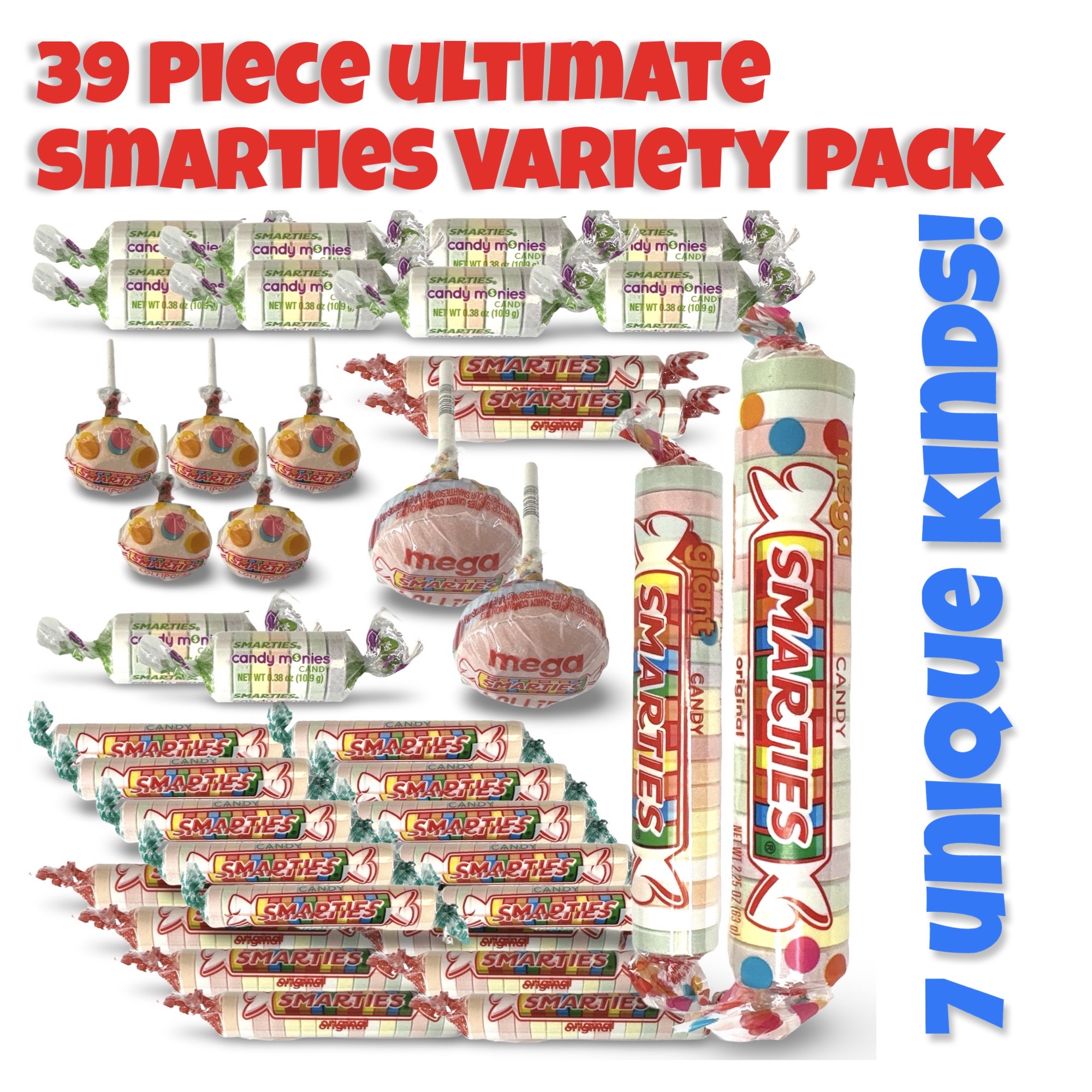 Smarties Candy Ultimate Variety Pack includes Mega Roll, Giant Roll, Mega Lollipops, Lollipops, Monies, Sour Rolls and Regular Rolls 2