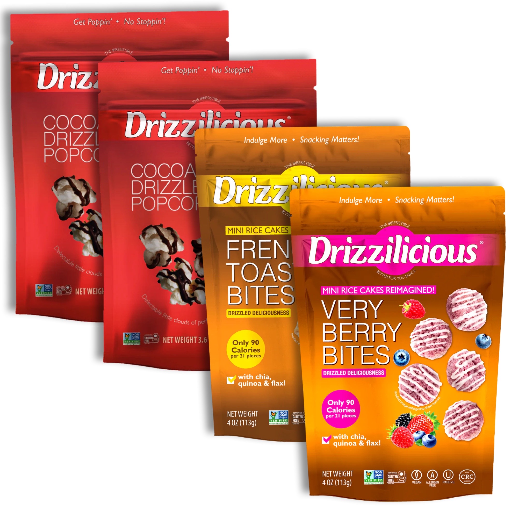 Drizzilicious Mini Rice Cake Bites and Popcorn Variety Pack | Very Berry, French Toast and Drizzled Popcorn, 4 Bags Total 5