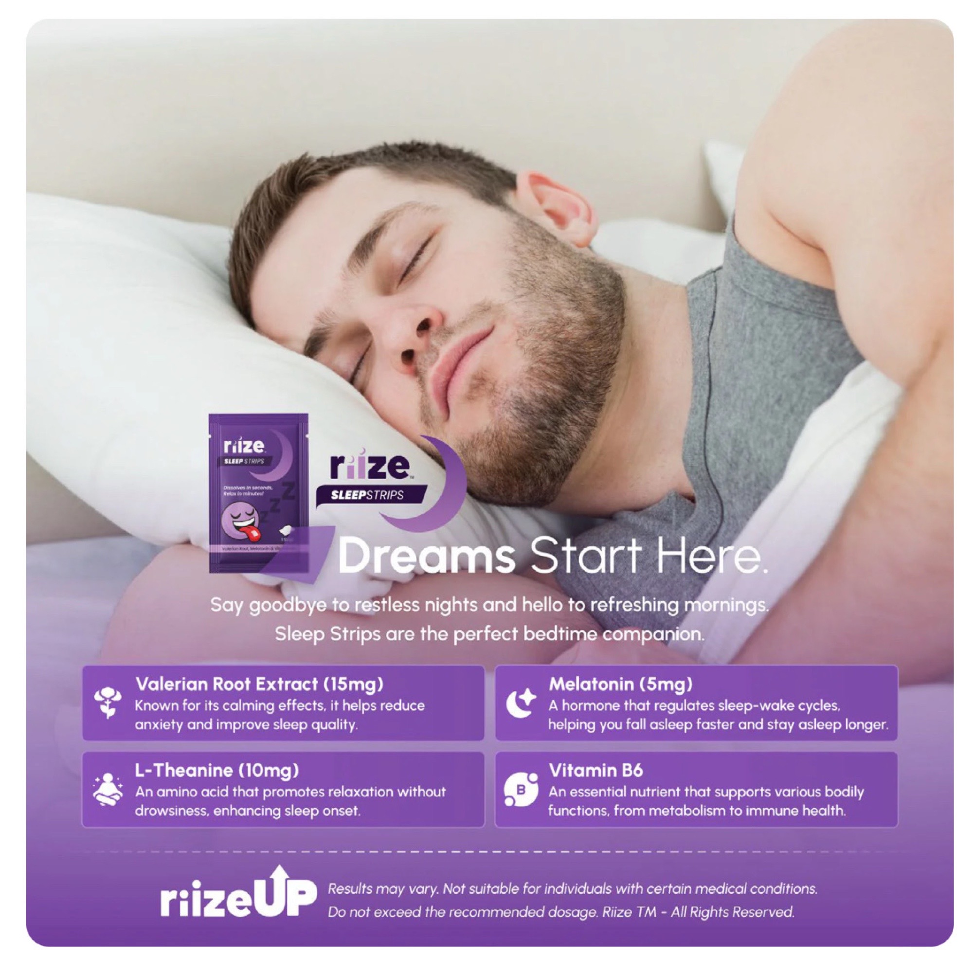 Riize Sleep Quick Dissolving Strips, Supplement With Valerian Root, Melatonin & Vitamin B6, 3 Per Pack 4