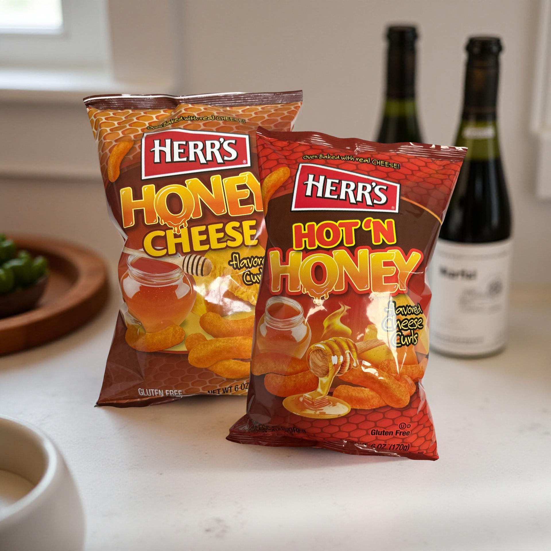 Herr's Honey Cheese Curl Puffs Combo Includes Hot N Honey, Family Size Bags 2