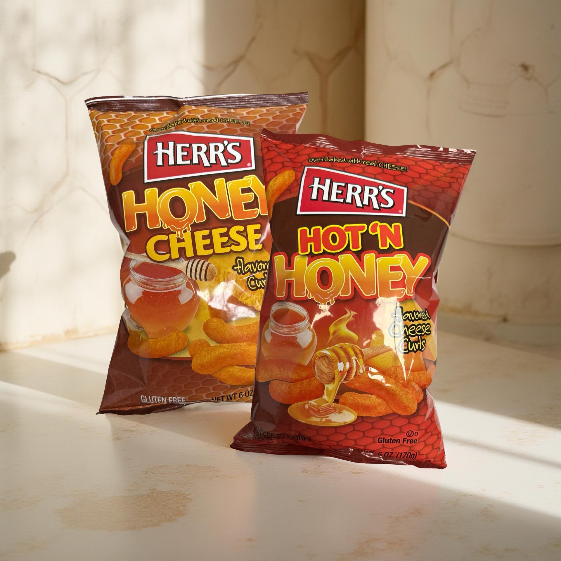 Herr's Honey Cheese Curl Puffs Combo Includes Hot N Honey, Family Size Bags 3