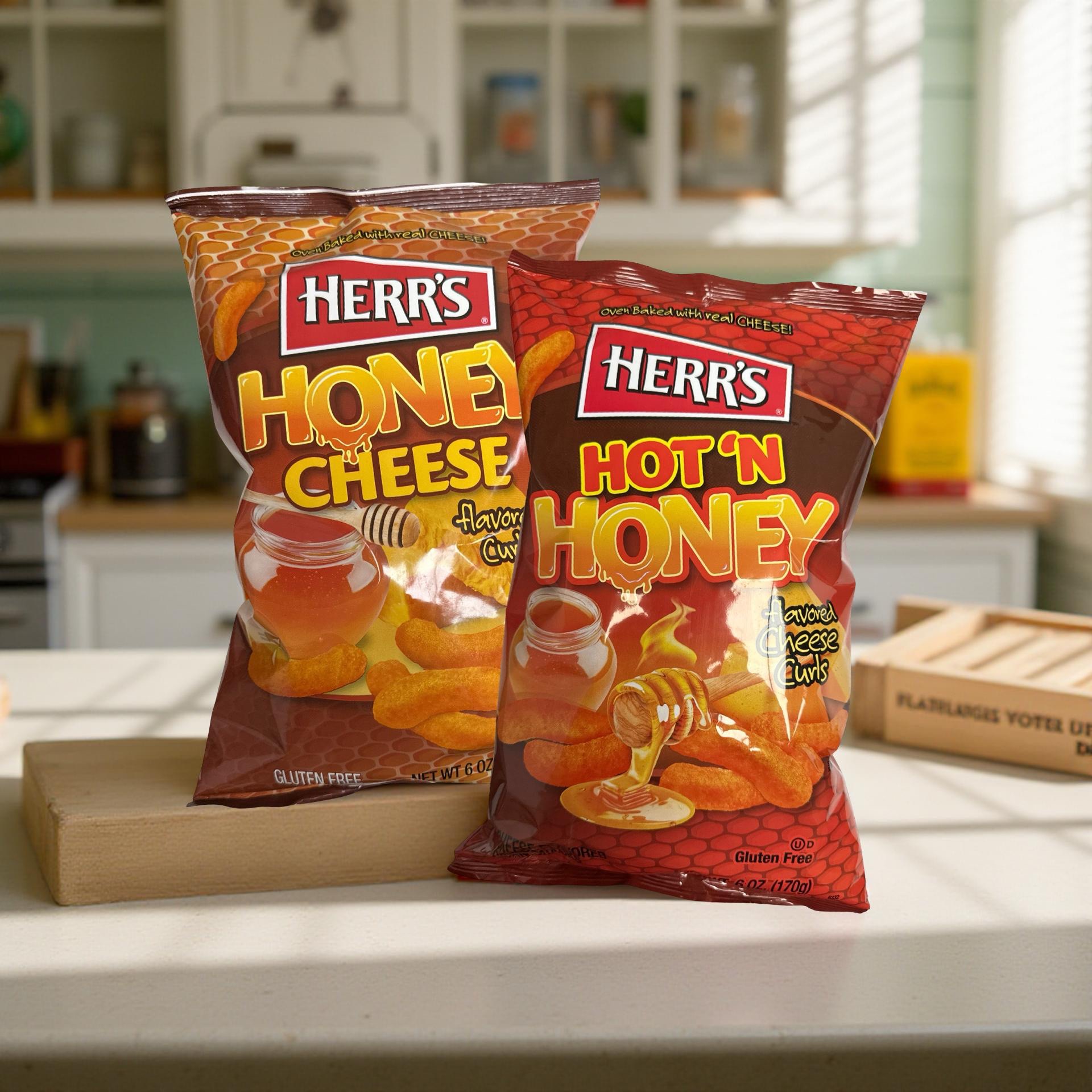 Herr's Honey Cheese Curl Puffs Combo Includes Hot N Honey, Family Size Bags 4