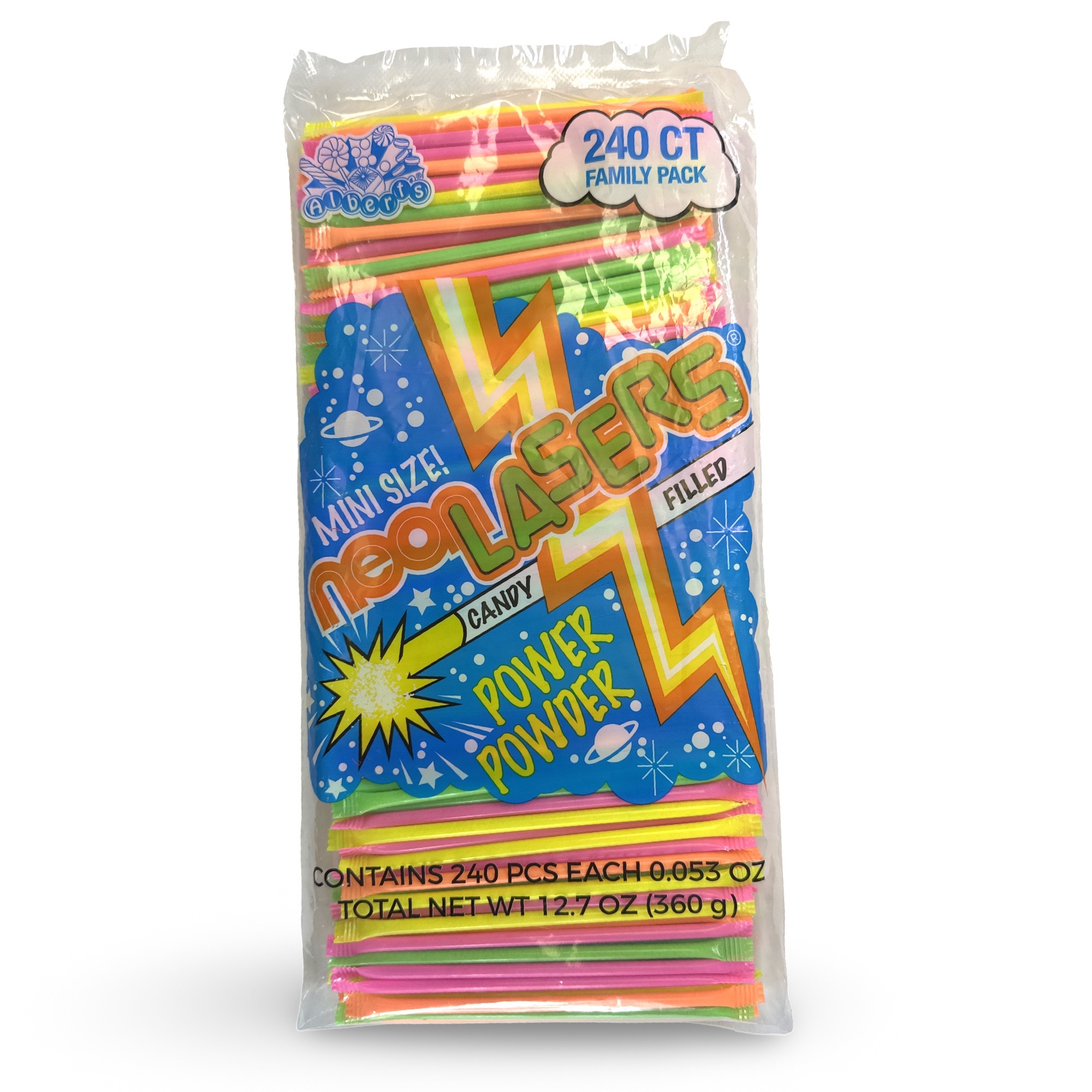 Mini Neon Lasers Nostalgic Candy Filled Power Powder, 240 Pieces Bulk Pack