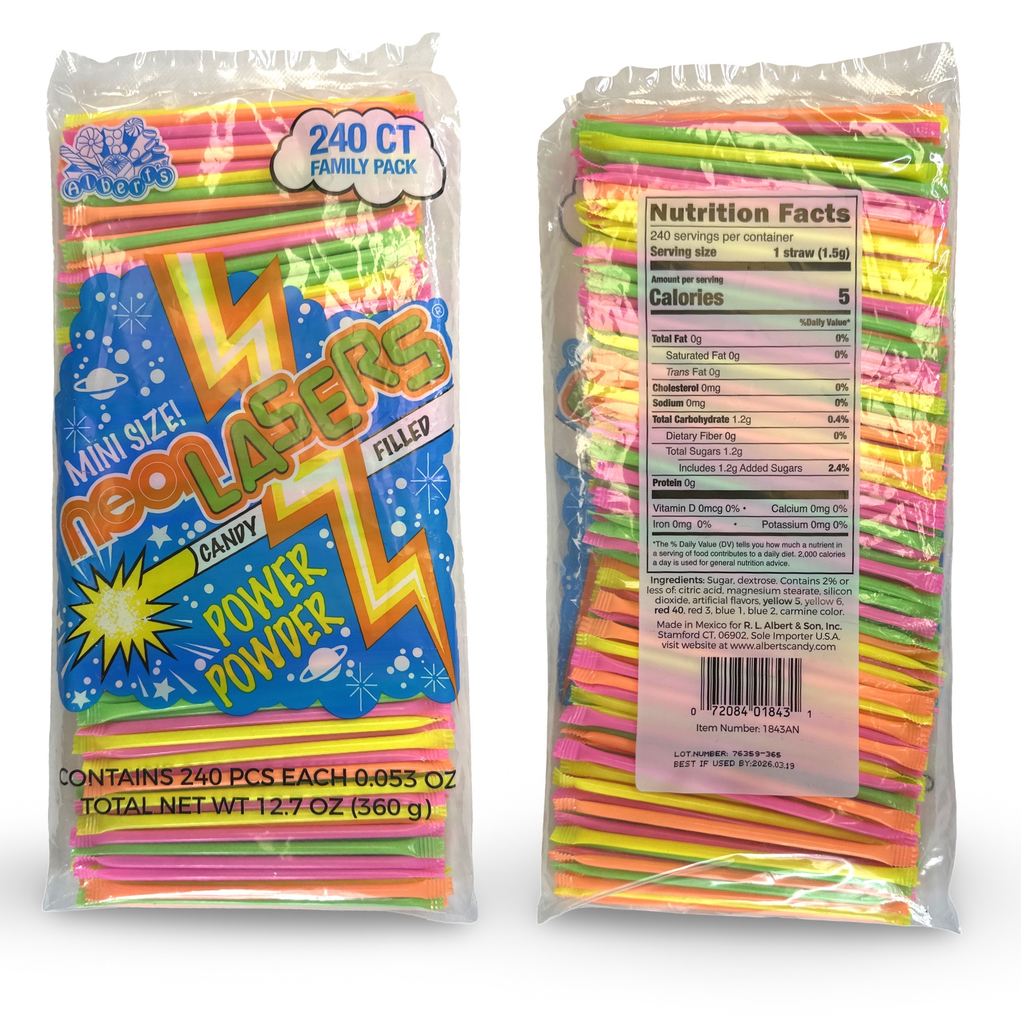 Mini Neon Lasers Nostalgic Candy Filled Power Powder, 240 Pieces Bulk Pack 5