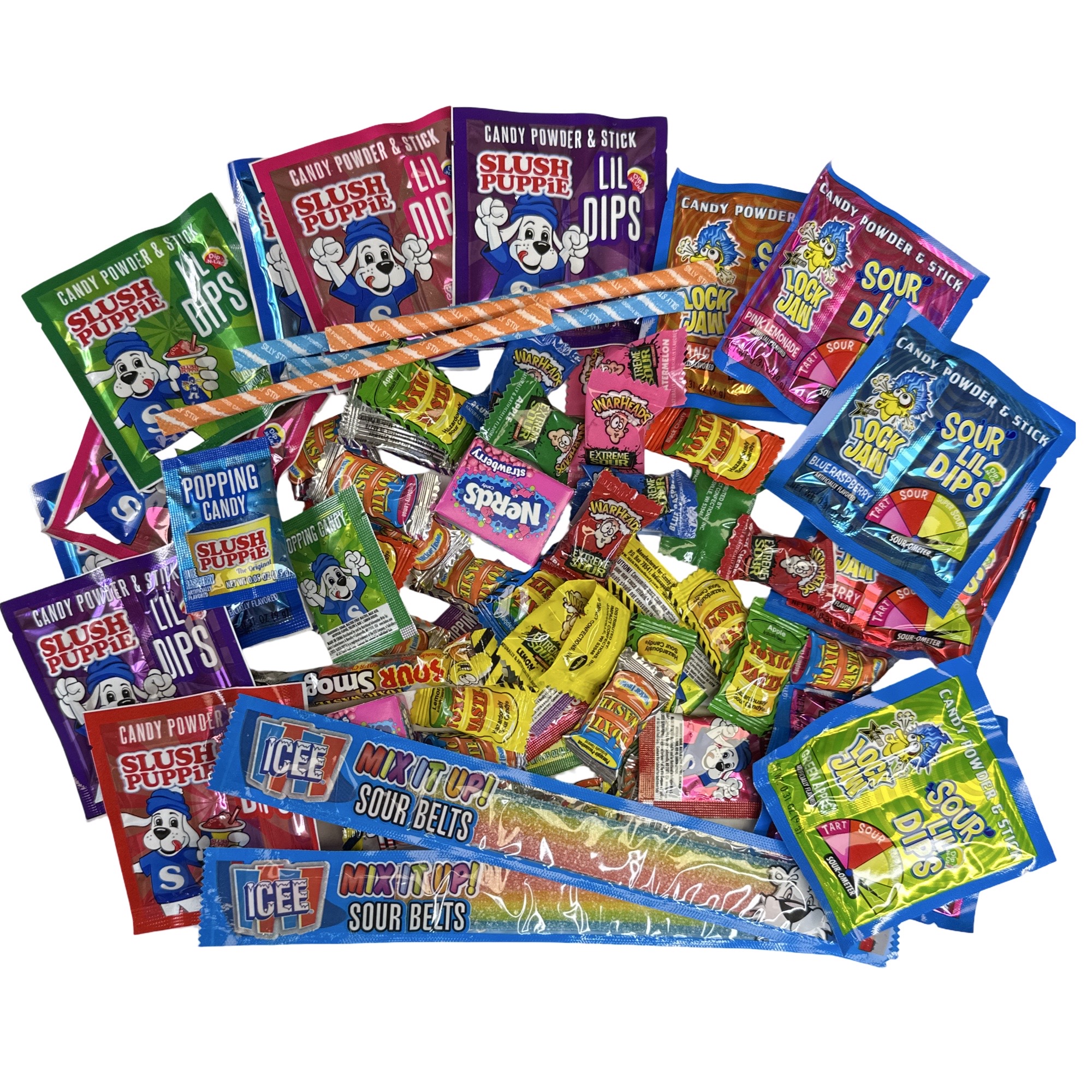 Sour Candy Variety Sampler Pack, Up to 30 Flavors | 60 Units Featuring Slush Puppy, Warheads, Icee, Nerds and more