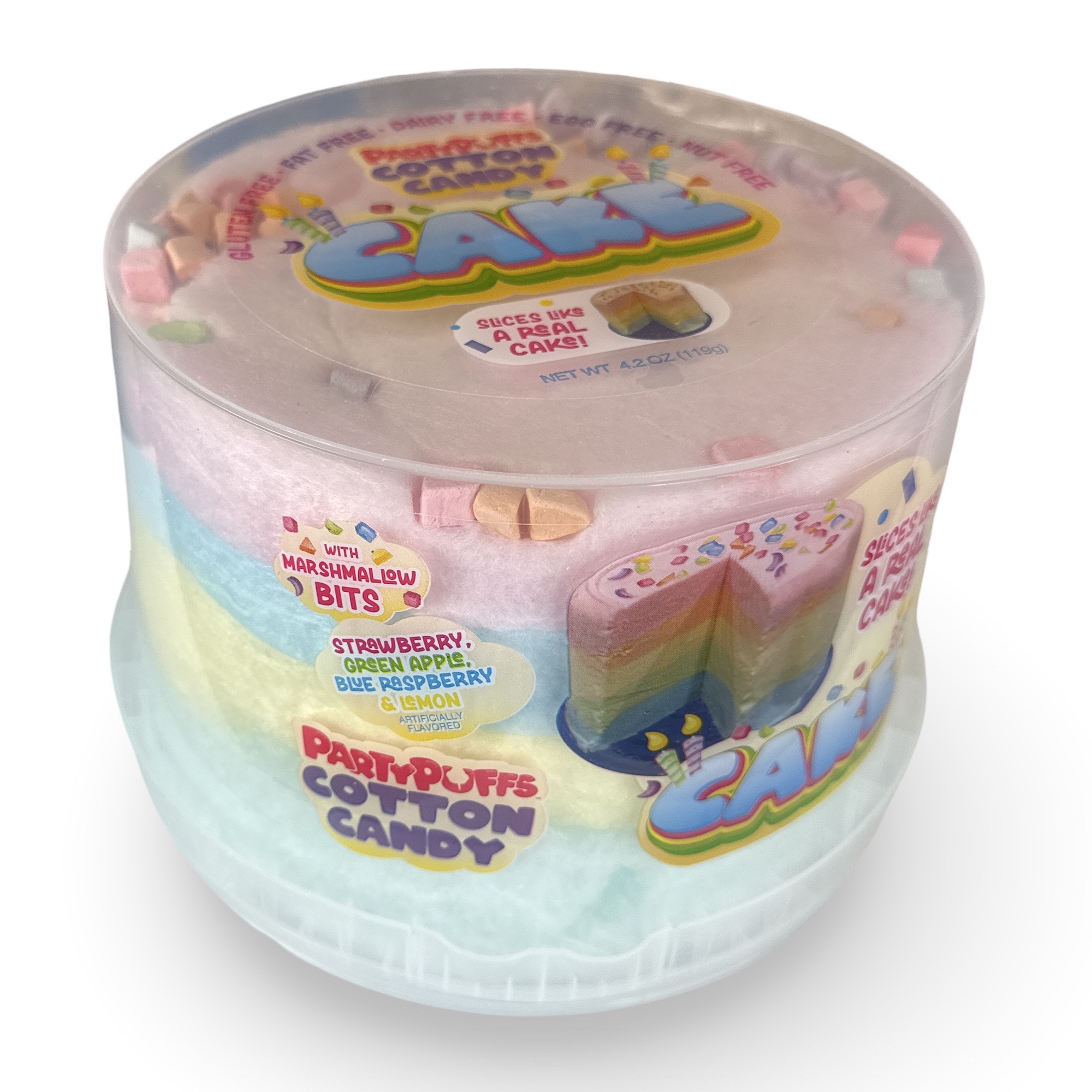 Cotton Candy Cake With Marshmallow Bits, Strawberry, Green Apple, Blue Raspberry and Lemon