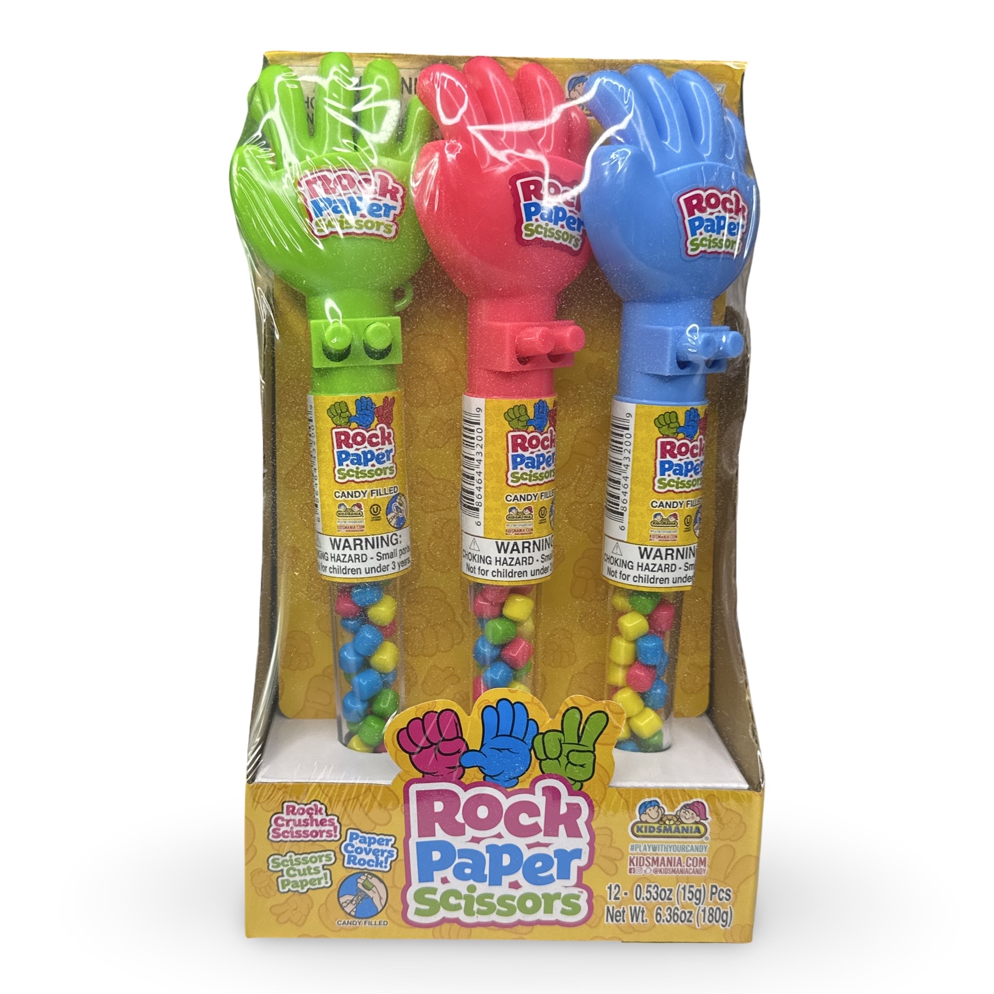 Fun Candy With Built in Toys - Candy Filled Rock, Paper Scissors, 2 Pack (Colors vary)