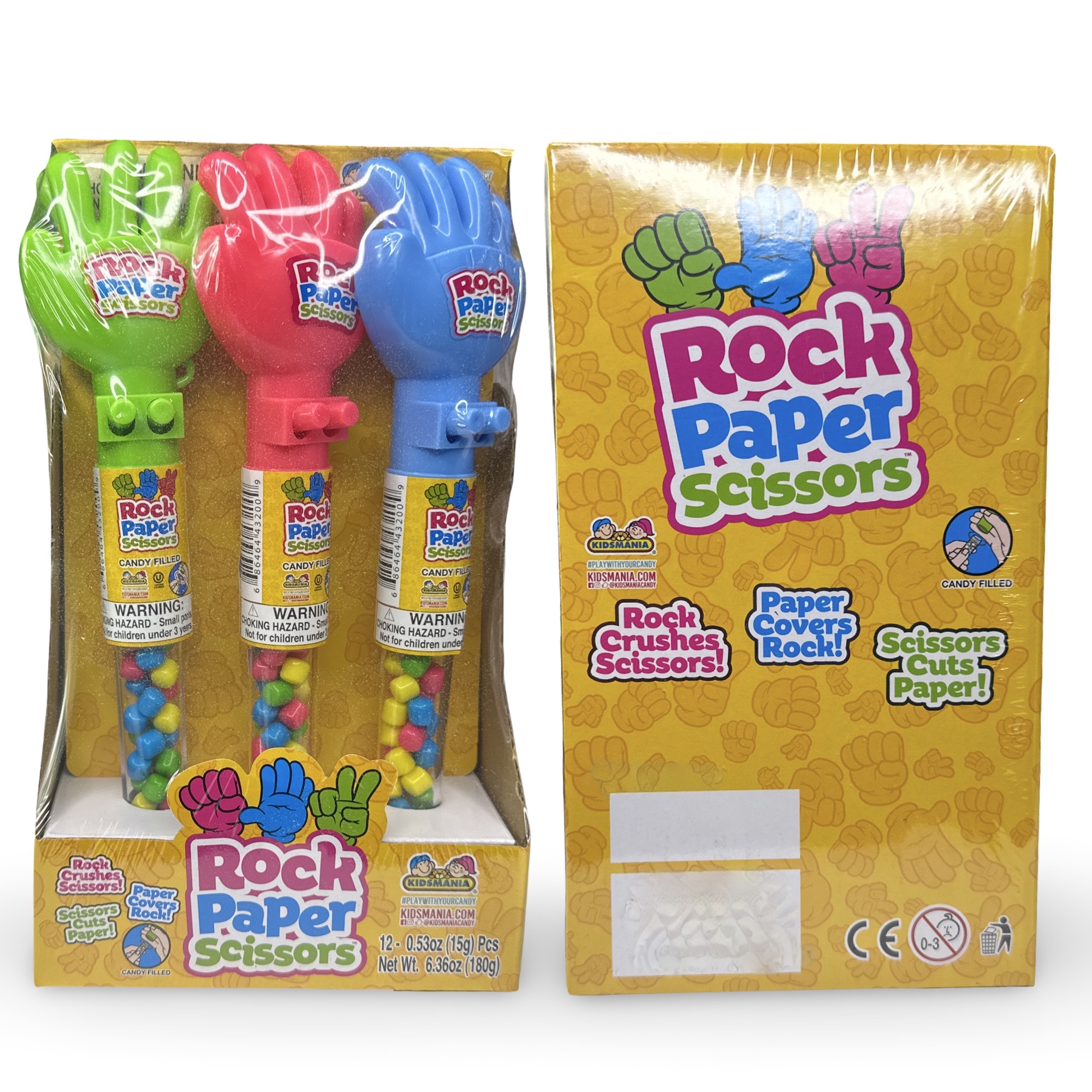 Fun Candy With Built in Toys - Candy Filled Rock, Paper Scissors, 2 Pack (Colors vary) 2