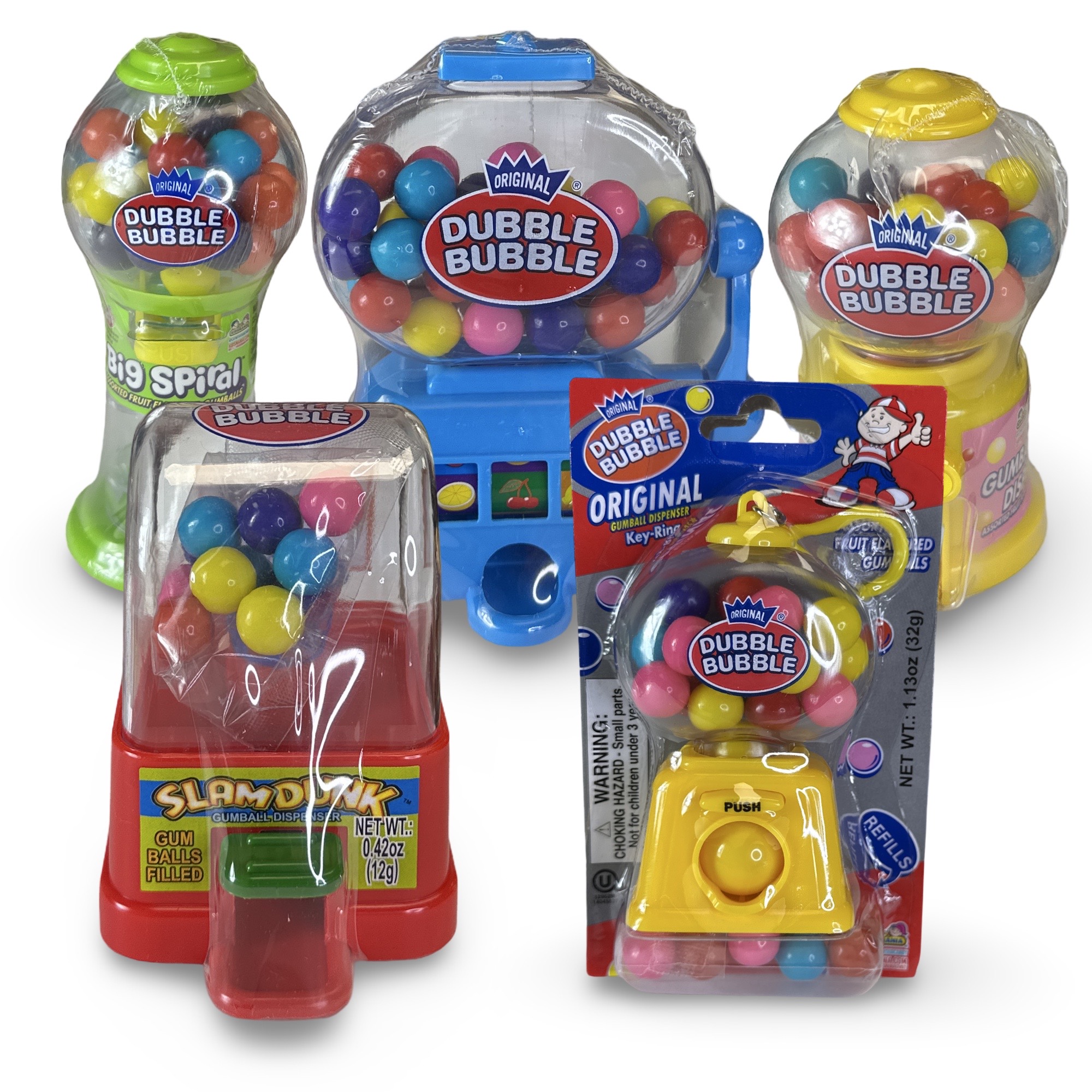 Dubble Bubble Miniature Toy Gumball Machines Spiral Jackpot Keychain Slam Dunk Classic Assorted Styles Pre Filled with Authentic Gumballs Perfect for Party Favors and Collectibles