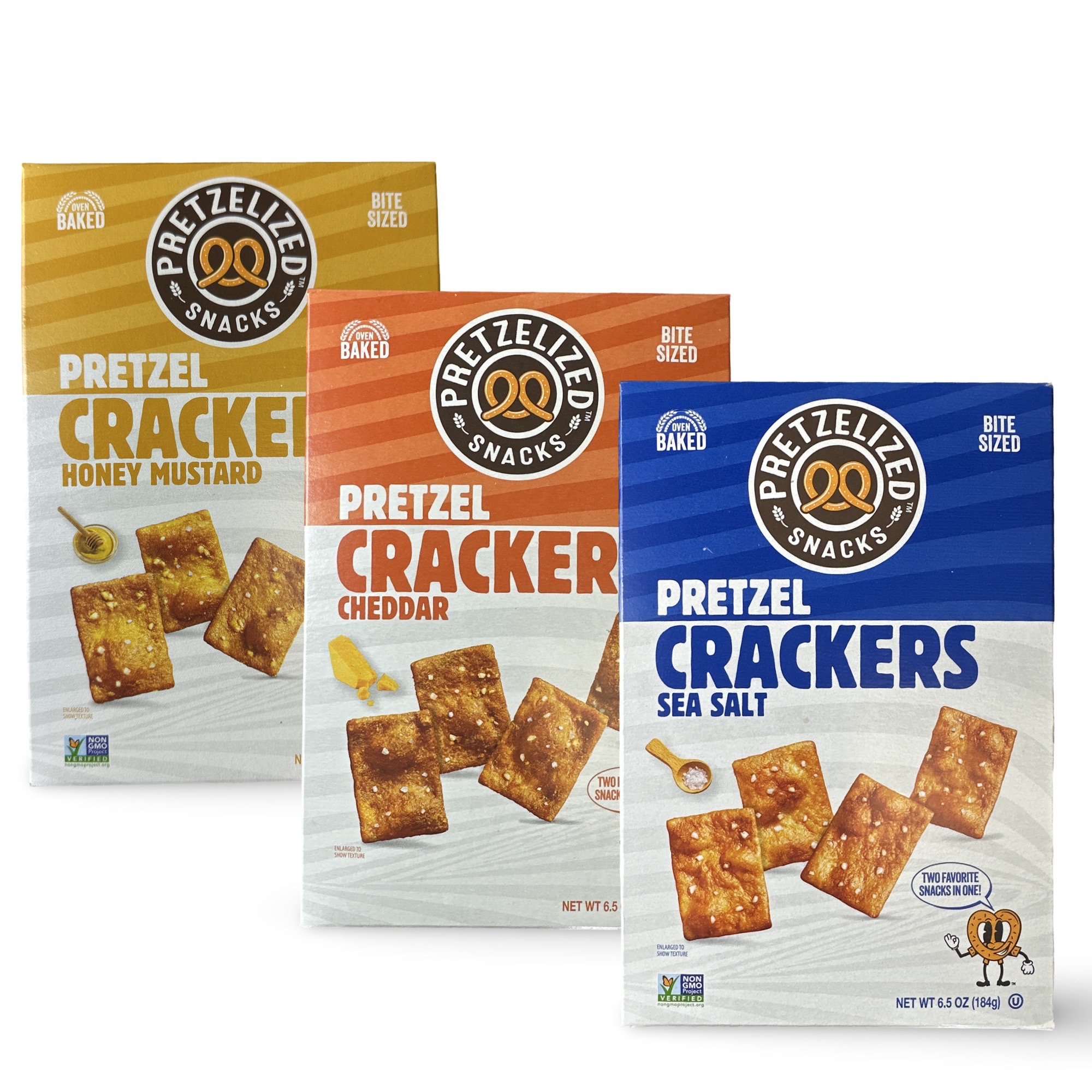 Pretzelized Cracker Chips 3 Flavor Variety Featuring Honey Mustard, Cheddar and Sea Salt