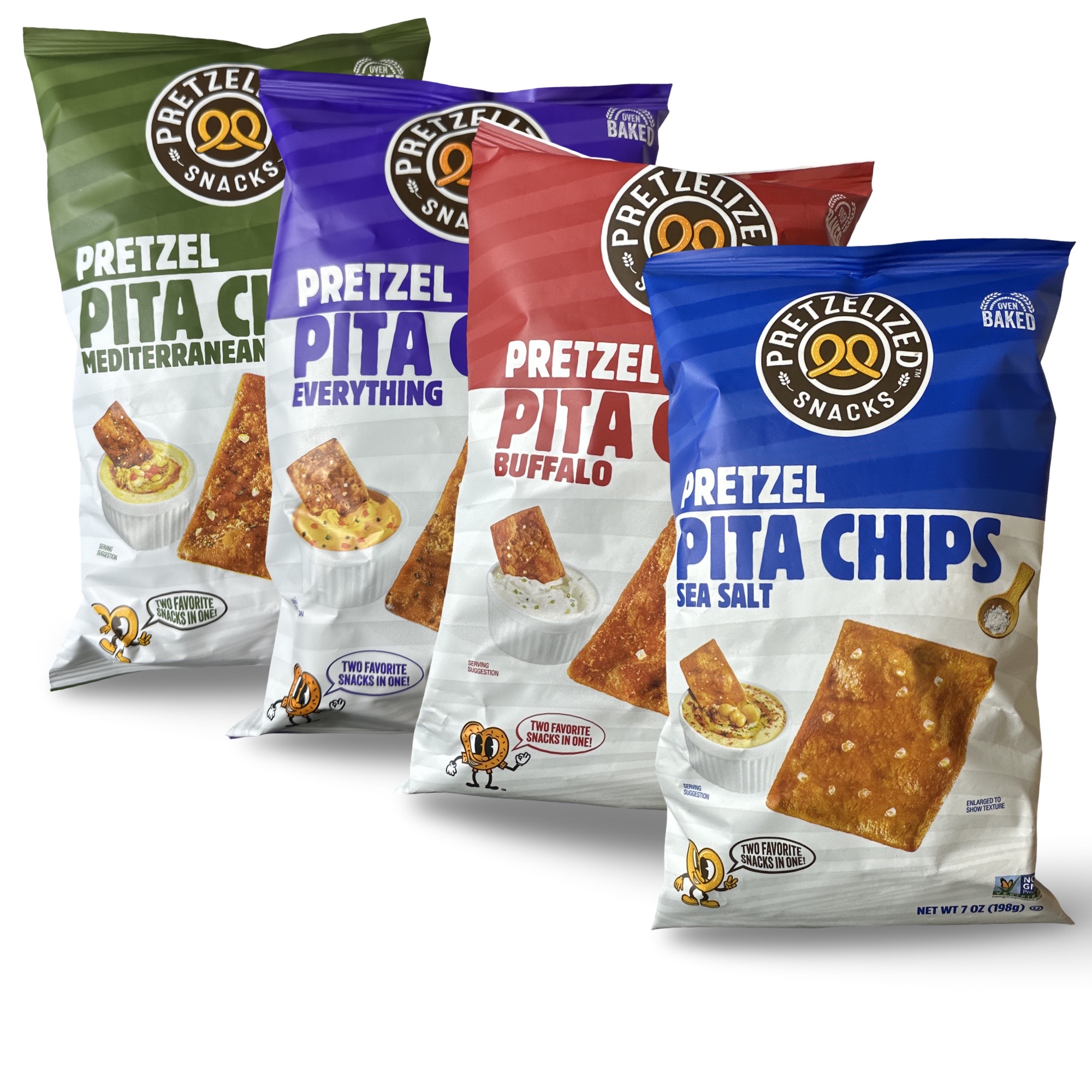 Pretzelized Pita Chips 4 Flavor Variety Featuring Sea Salt, Buffalo, Everything and Mediterranean Herb