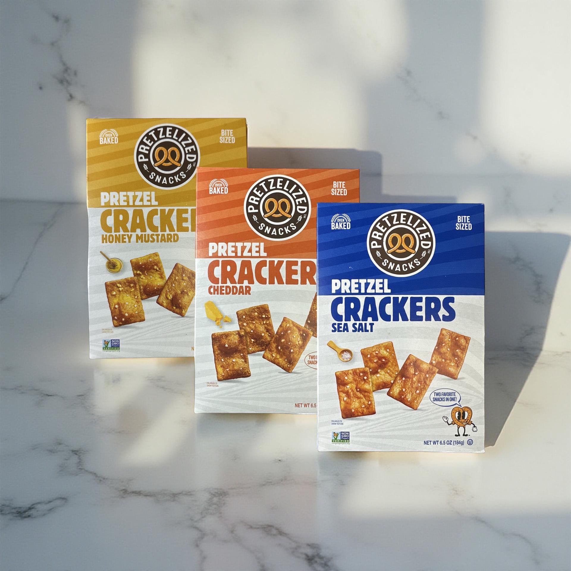 Pretzelized Cracker Chips 3 Flavor Variety Featuring Honey Mustard, Cheddar and Sea Salt 2