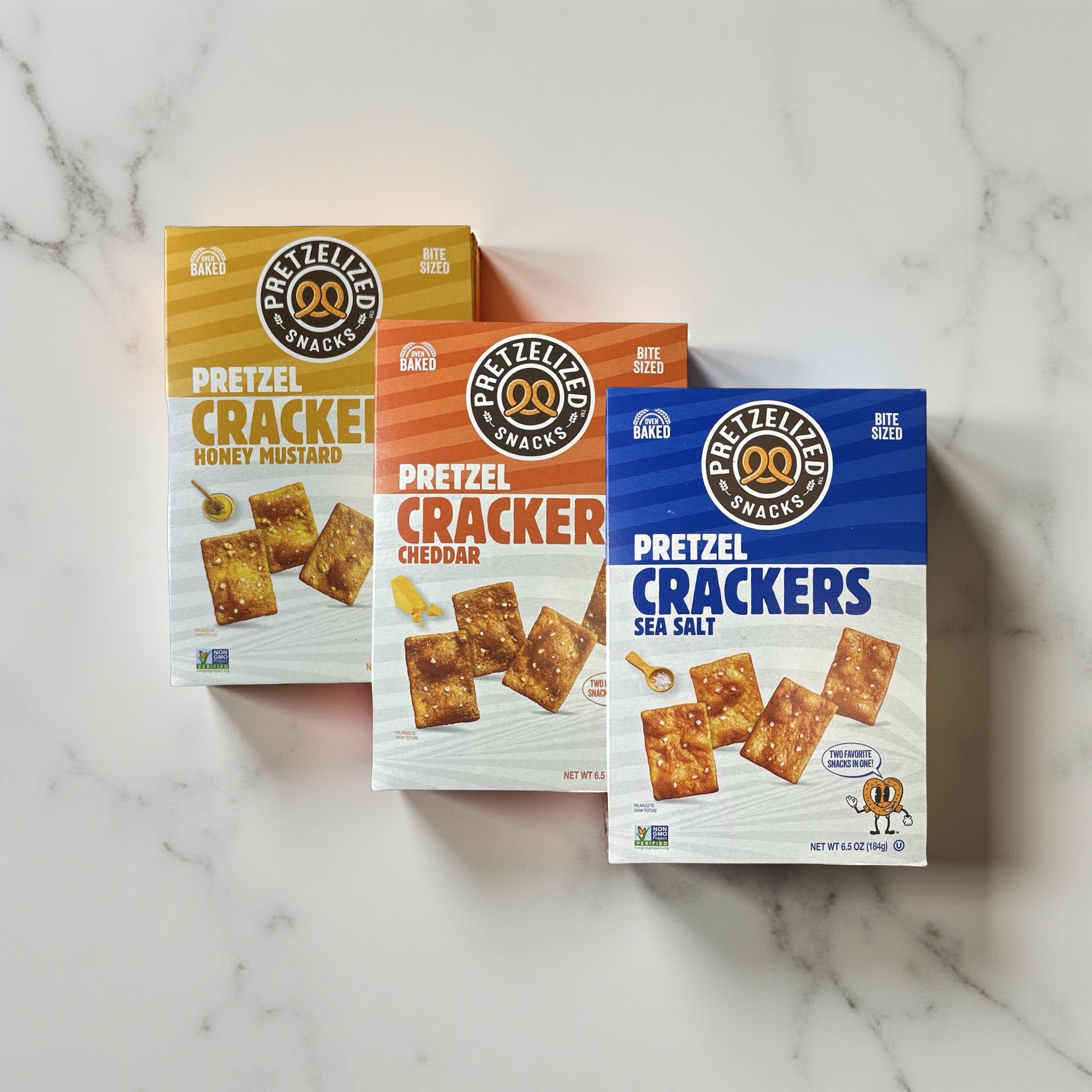 Pretzelized Cracker Chips 3 Flavor Variety Featuring Honey Mustard, Cheddar and Sea Salt 3