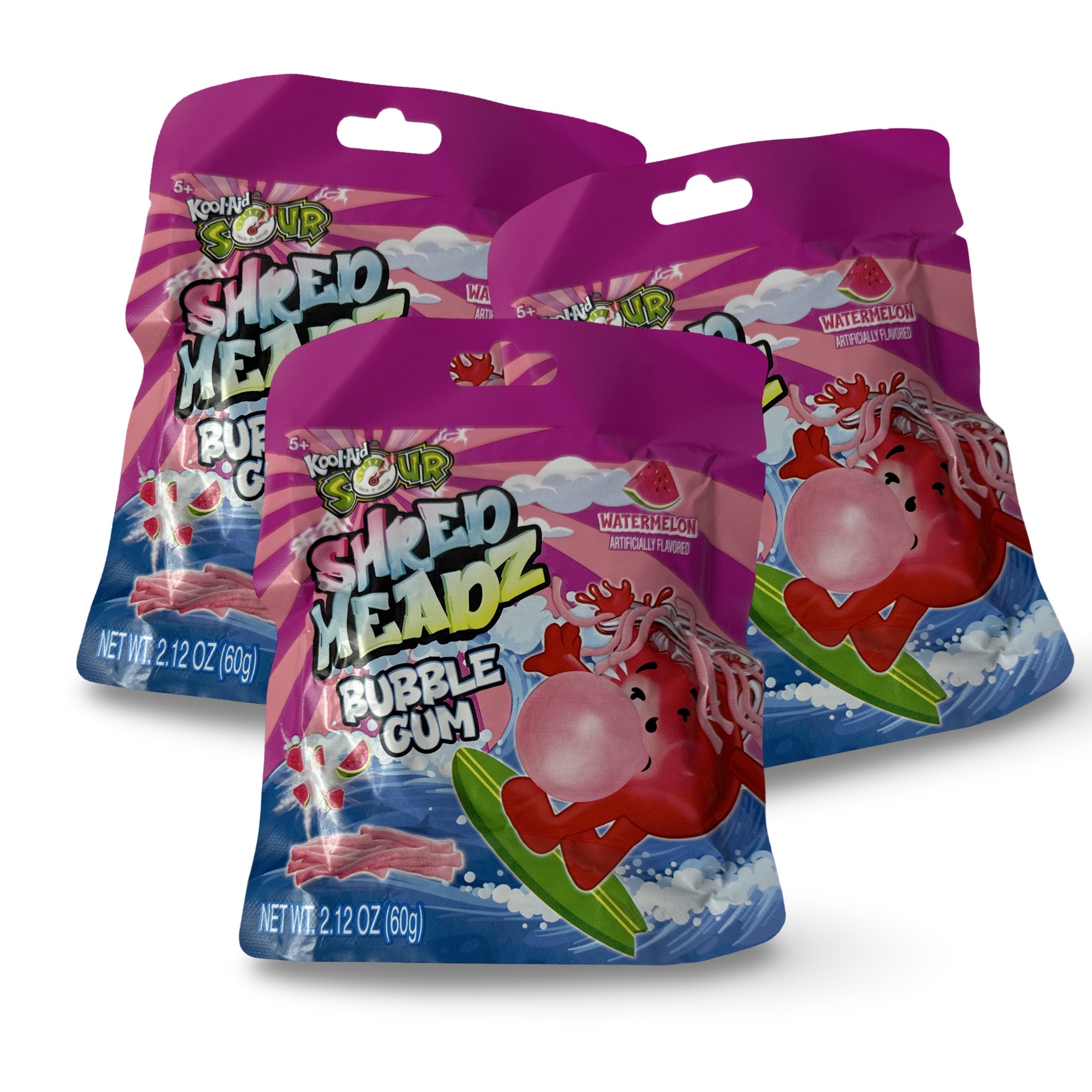 Kool-Aid Shred Headz Sour Watermelon Shredded Chewing Gum, 2.1 Oz, 3 Packs