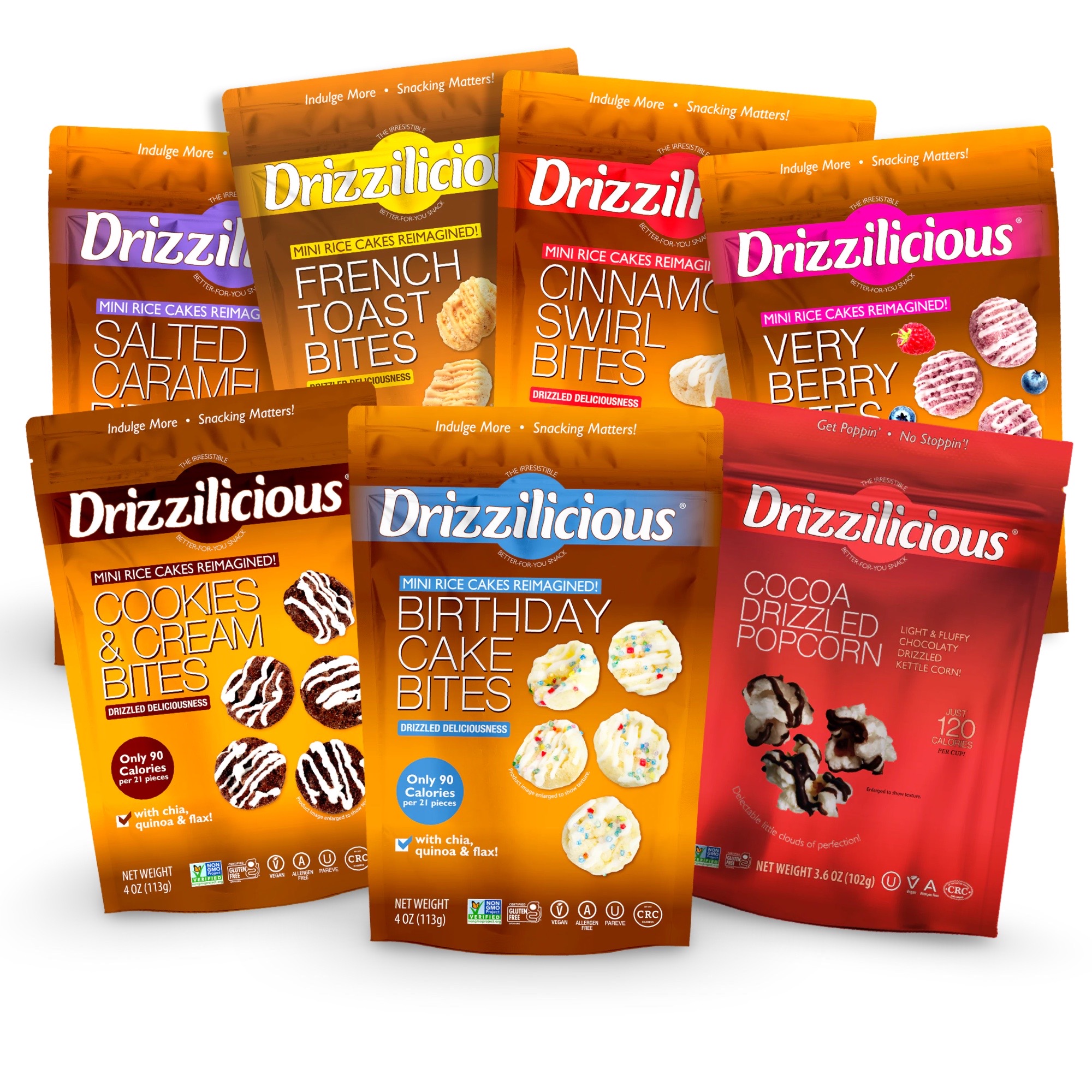 Drizzilicious Mini Rice Cake Bites 7 Flavor Variety Pack: Birthday, Cinnamon, Cookies & Cream, French Toast, Salted Caramel, Popcorn and Very Berry
