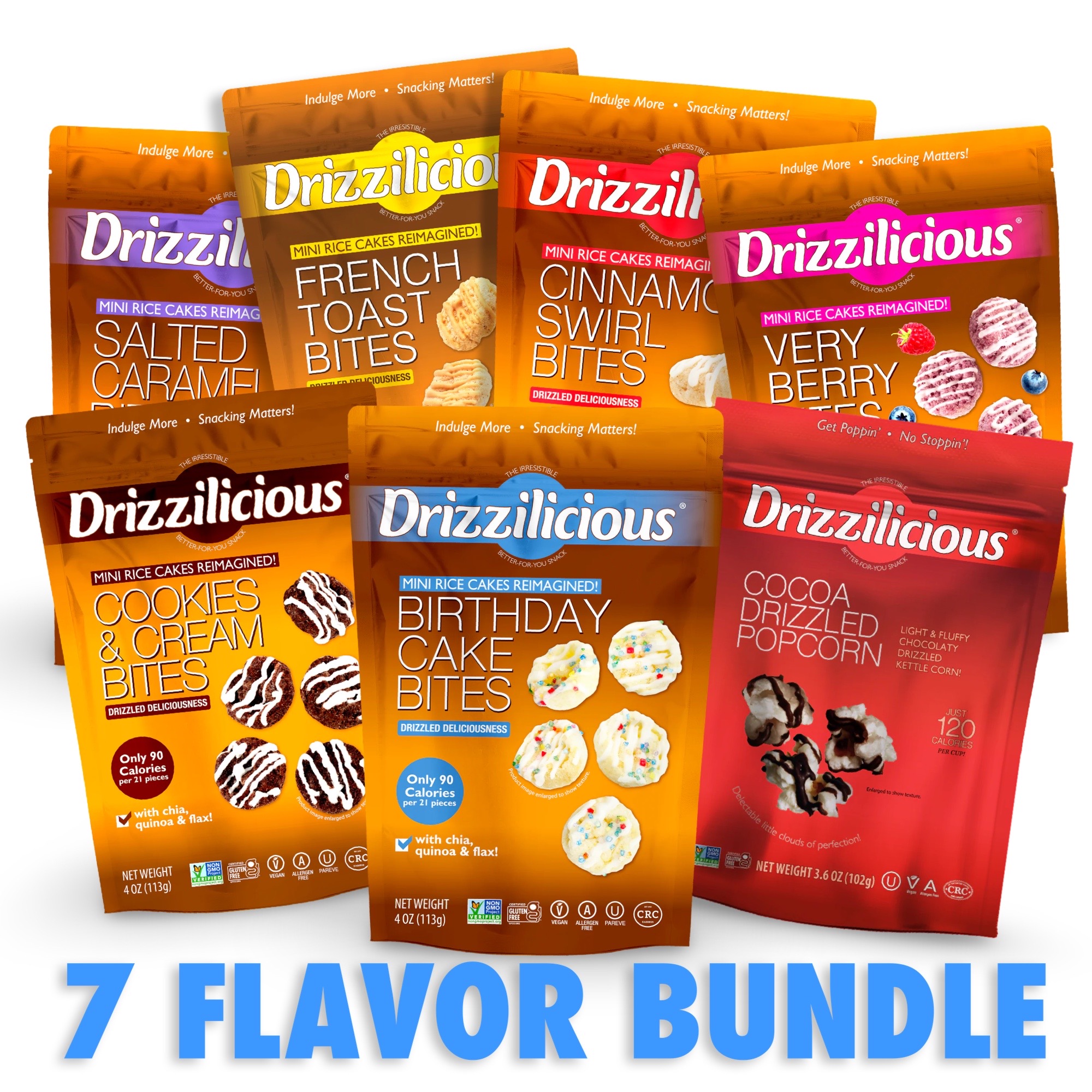 Drizzilicious Mini Rice Cake Bites 7 Flavor Variety Pack: Birthday, Cinnamon, Cookies & Cream, French Toast, Salted Caramel, Popcorn and Very Berry 2